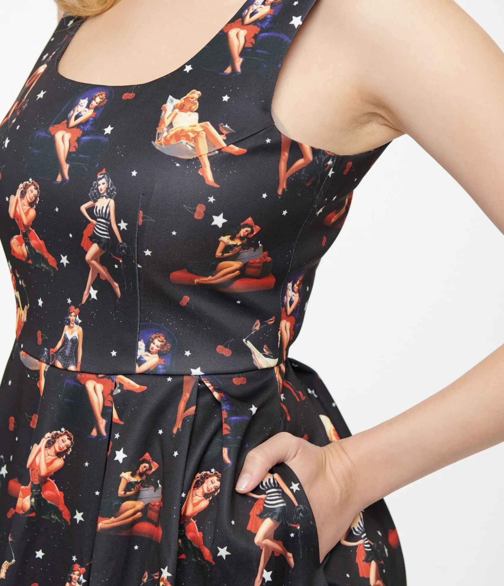 Unique Vintage Dolly & Dotty 1950s Black & Pinup Print Amanda Swing Dress Hot