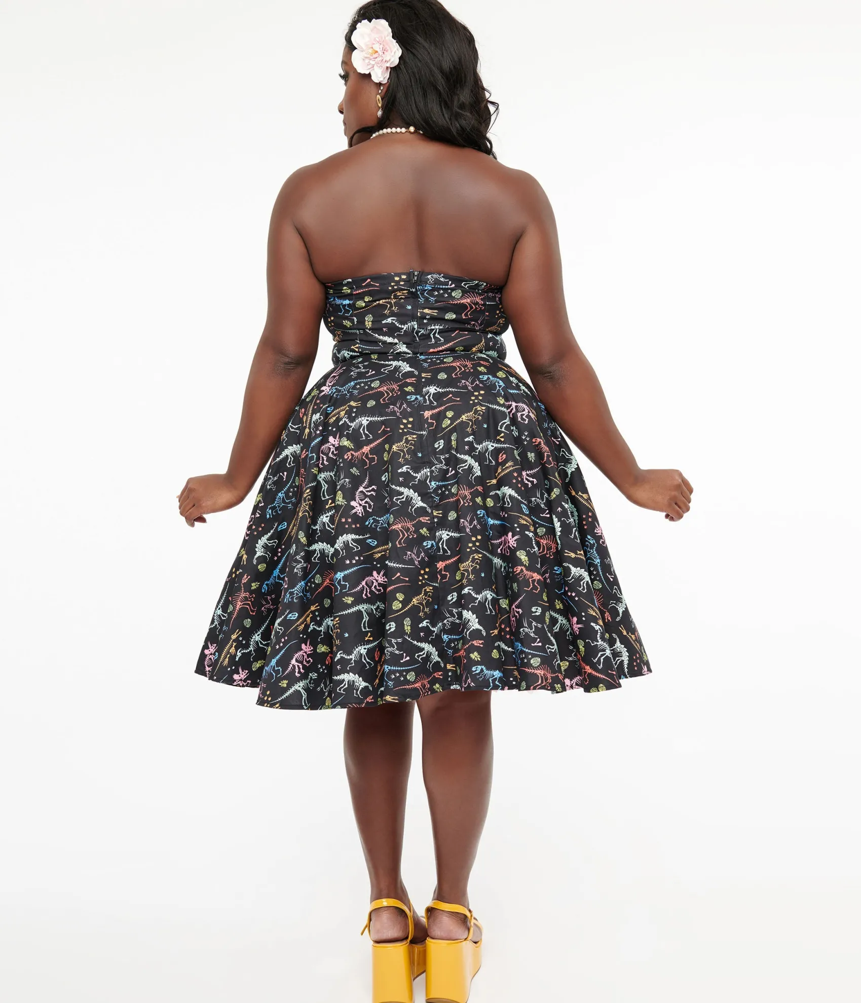Unique Vintage Dolly & Dotty 1950s Black & Rainbow Fossil Print Strapless Cotton Swing Dress Shop