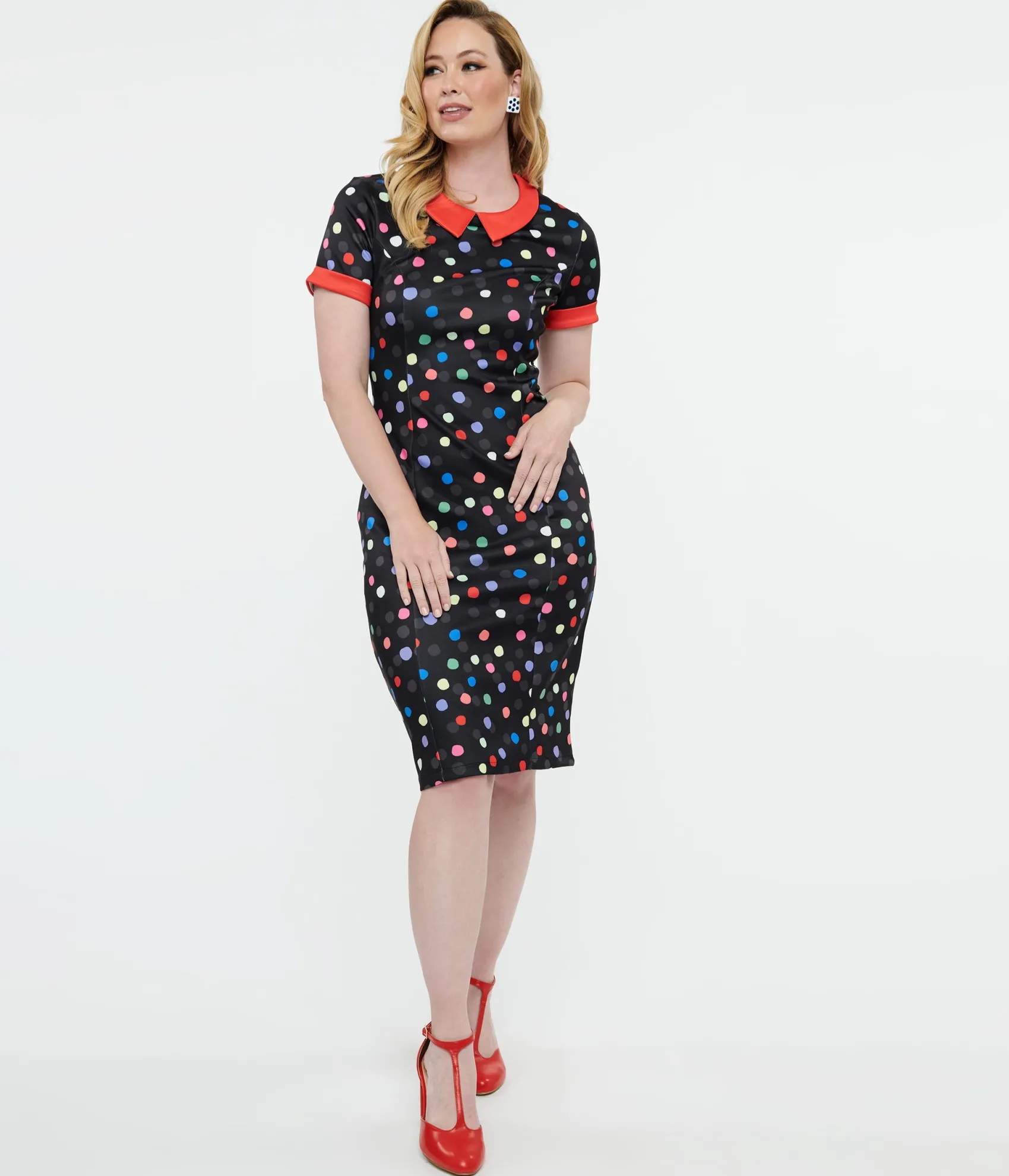 Unique Vintage Dolly & Dotty 1950s Black & Rainbow Polka Dot Toni Wiggle Dress Best