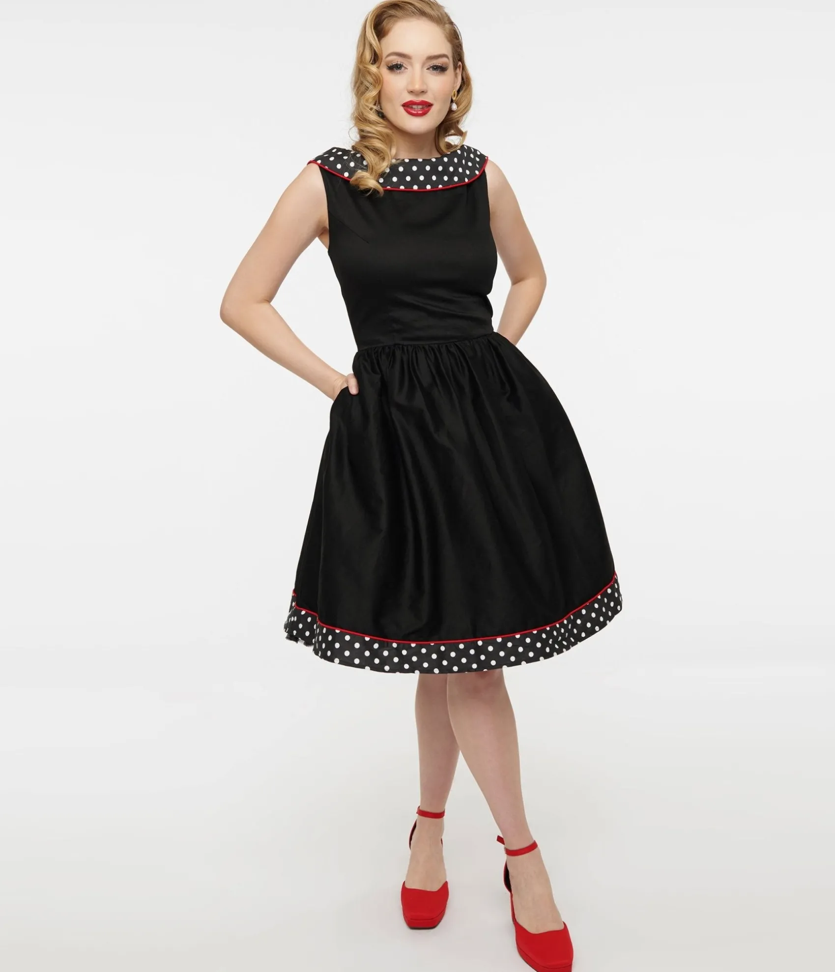 Unique Vintage Dolly & Dotty 1950s Black & White Polka Dot Cindy Swing Dress Flash Sale