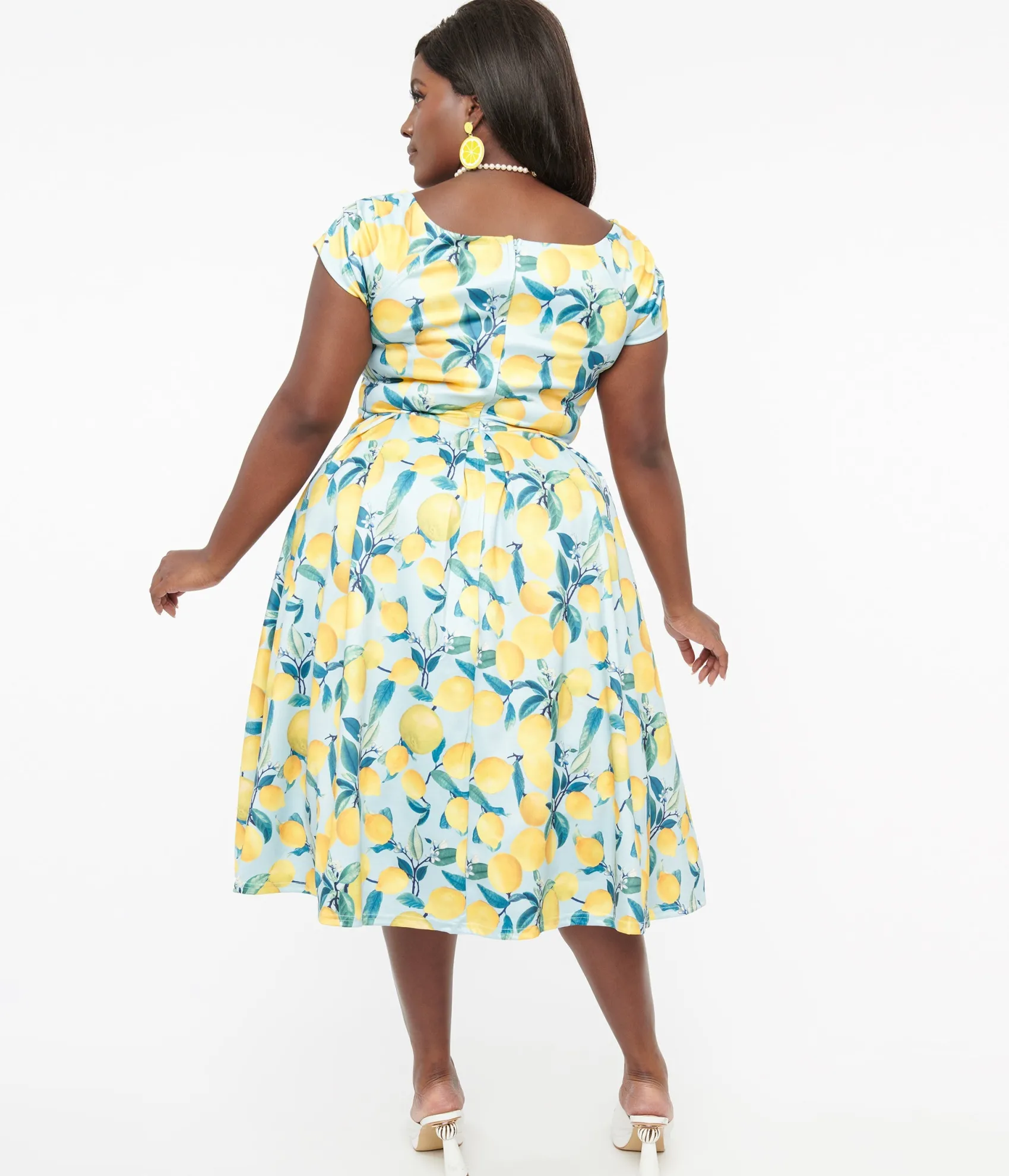 Unique Vintage Dolly & Dotty 1950s Blue & Yellow Lemon Off The Shoulder Lily Swing Dress Flash Sale