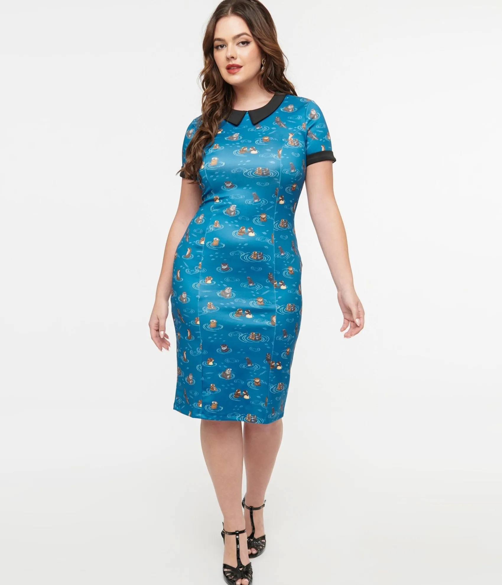 Unique Vintage Dolly & Dotty 1950s Blue Otter Print Toni Wiggle Dress Sale