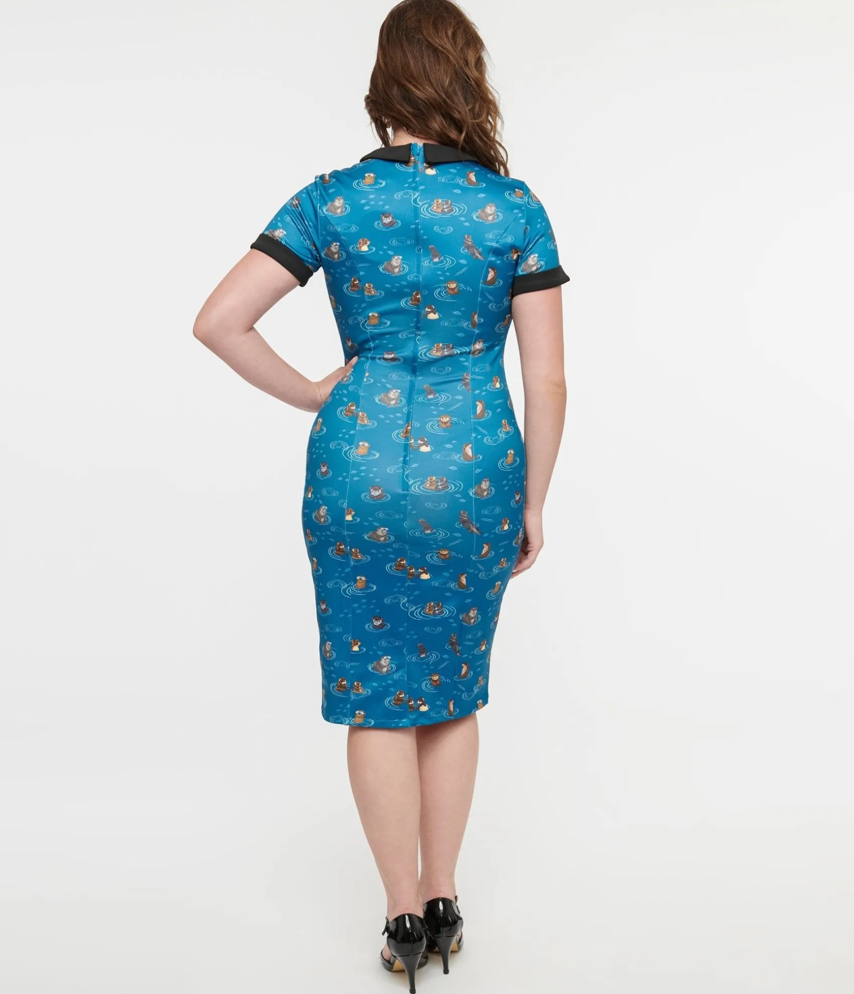 Unique Vintage Dolly & Dotty 1950s Blue Otter Print Toni Wiggle Dress Sale