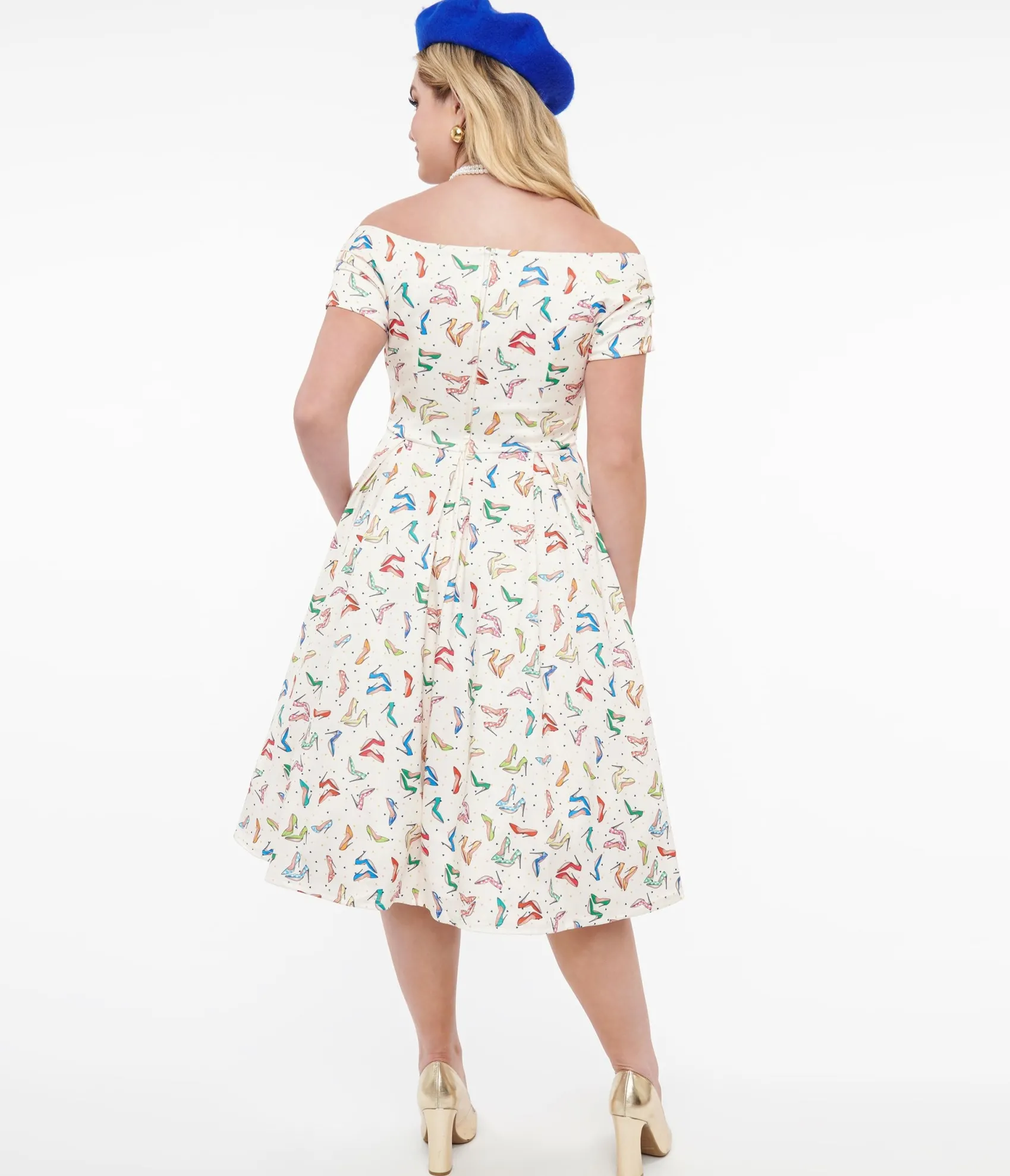 Unique Vintage Dolly & Dotty 1950s Cream & Multicolor Heels Swing Dress Flash Sale
