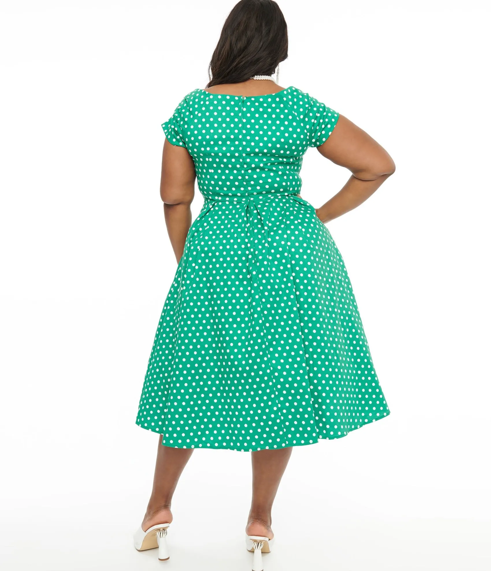 Unique Vintage Dolly & Dotty 1950s Green & White Polka Dot Off The Shoulder Lily Swing Dress Best