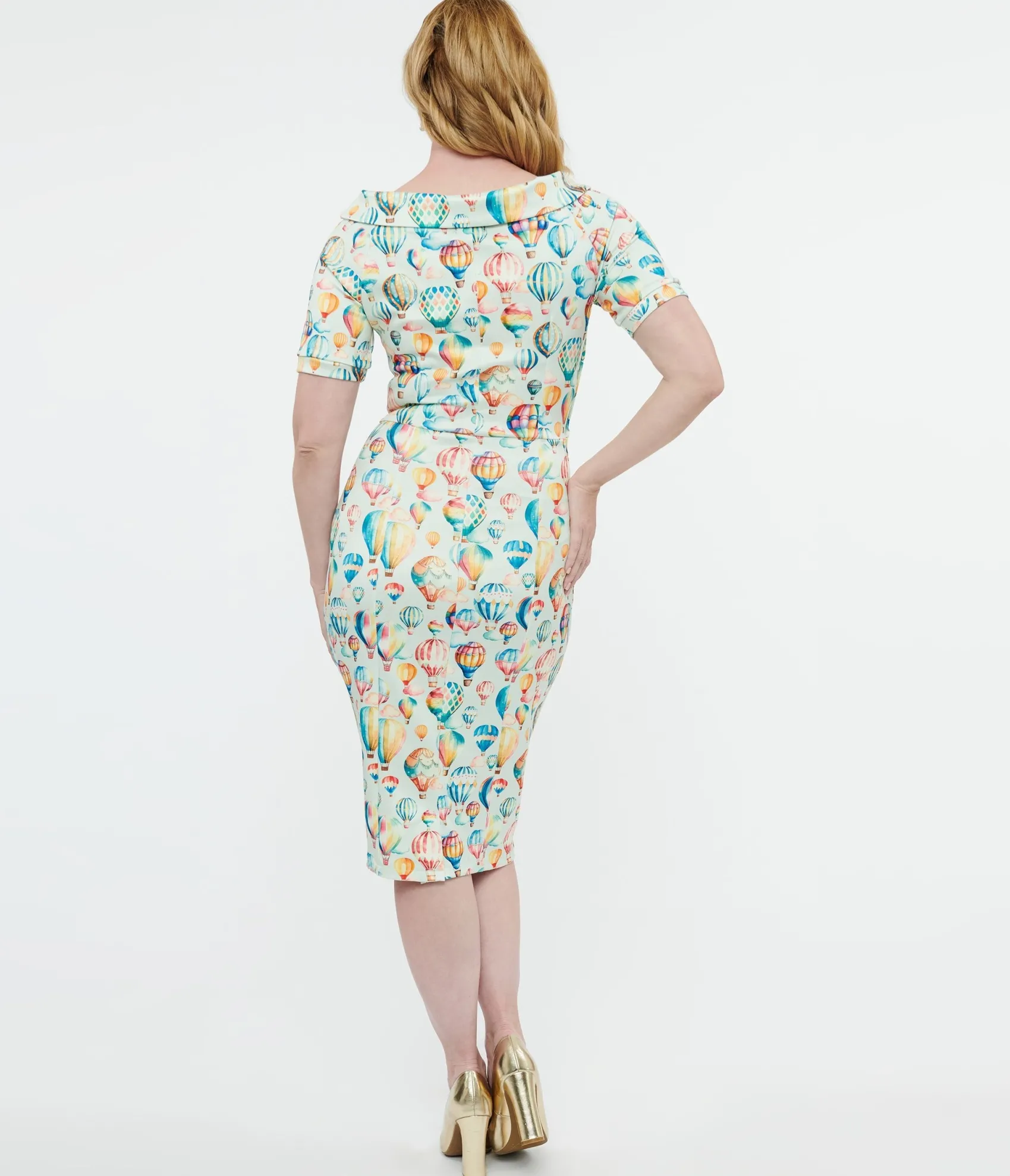 Unique Vintage Dolly & Dotty 1950s Light Blue Hot Air Balloon Valerie Wiggle Dress Cheap