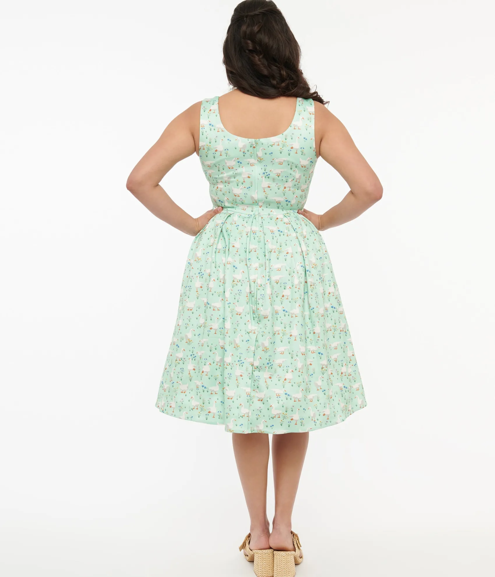 Unique Vintage Dolly & Dotty 1950s Mint Green Duck Print Amanda Swing Dress Store