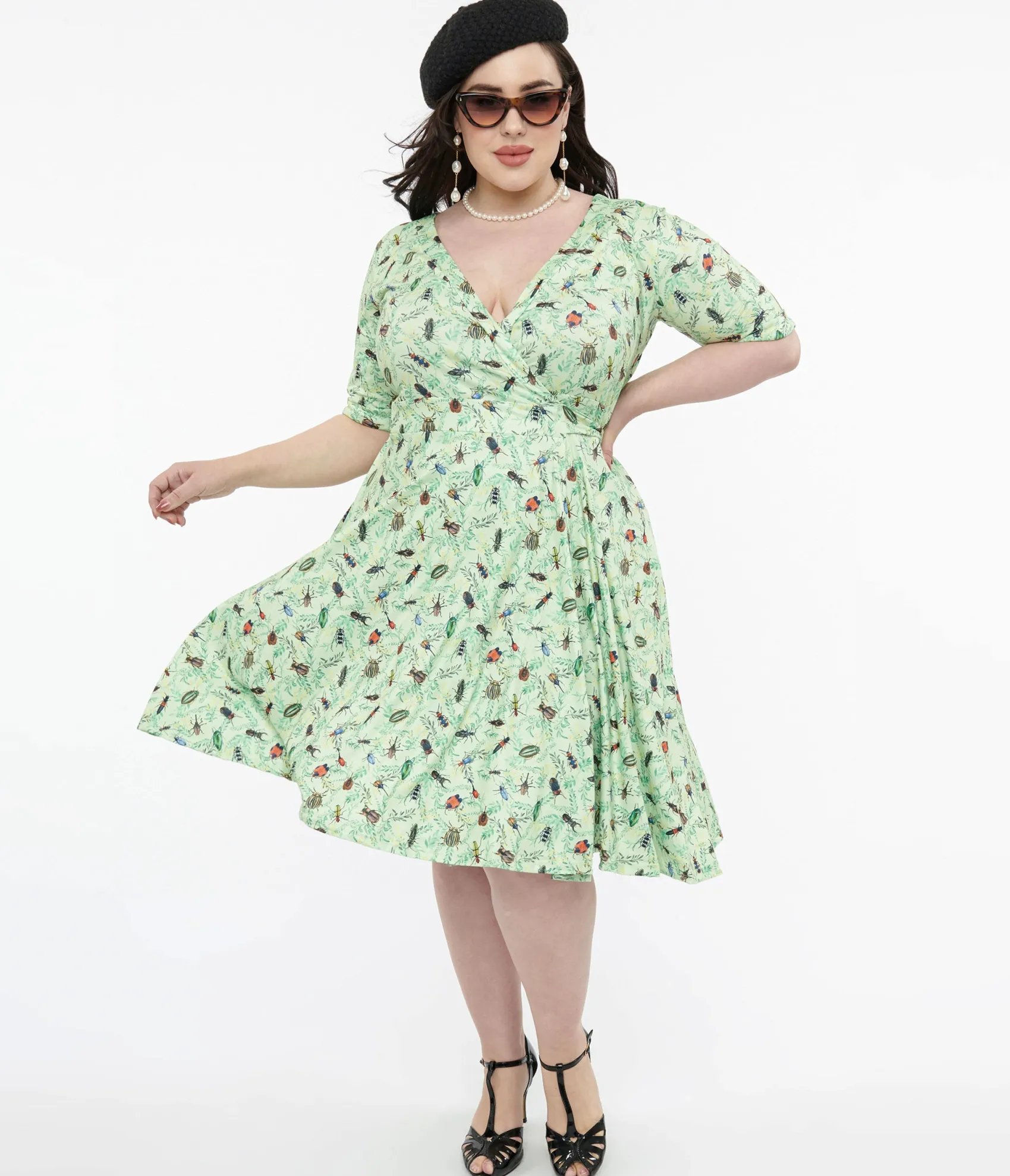 Unique Vintage Dolly & Dotty 1950s Mint Green Nothing But Bugs Print Matilda Wrap Dress Cheap