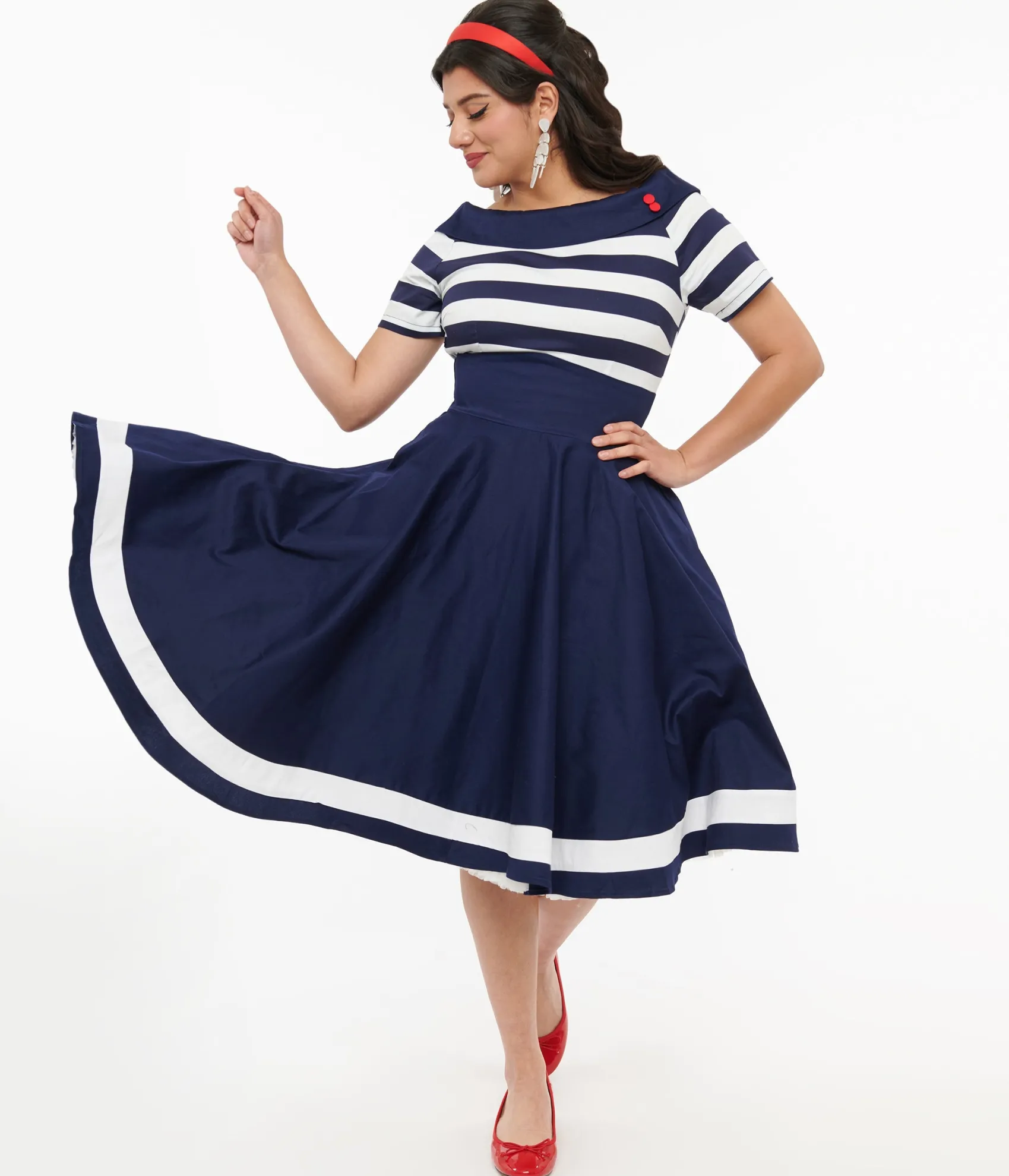 Unique Vintage Dolly & Dotty 1950s Navy & White Striped Sailor Swing Dress Flash Sale