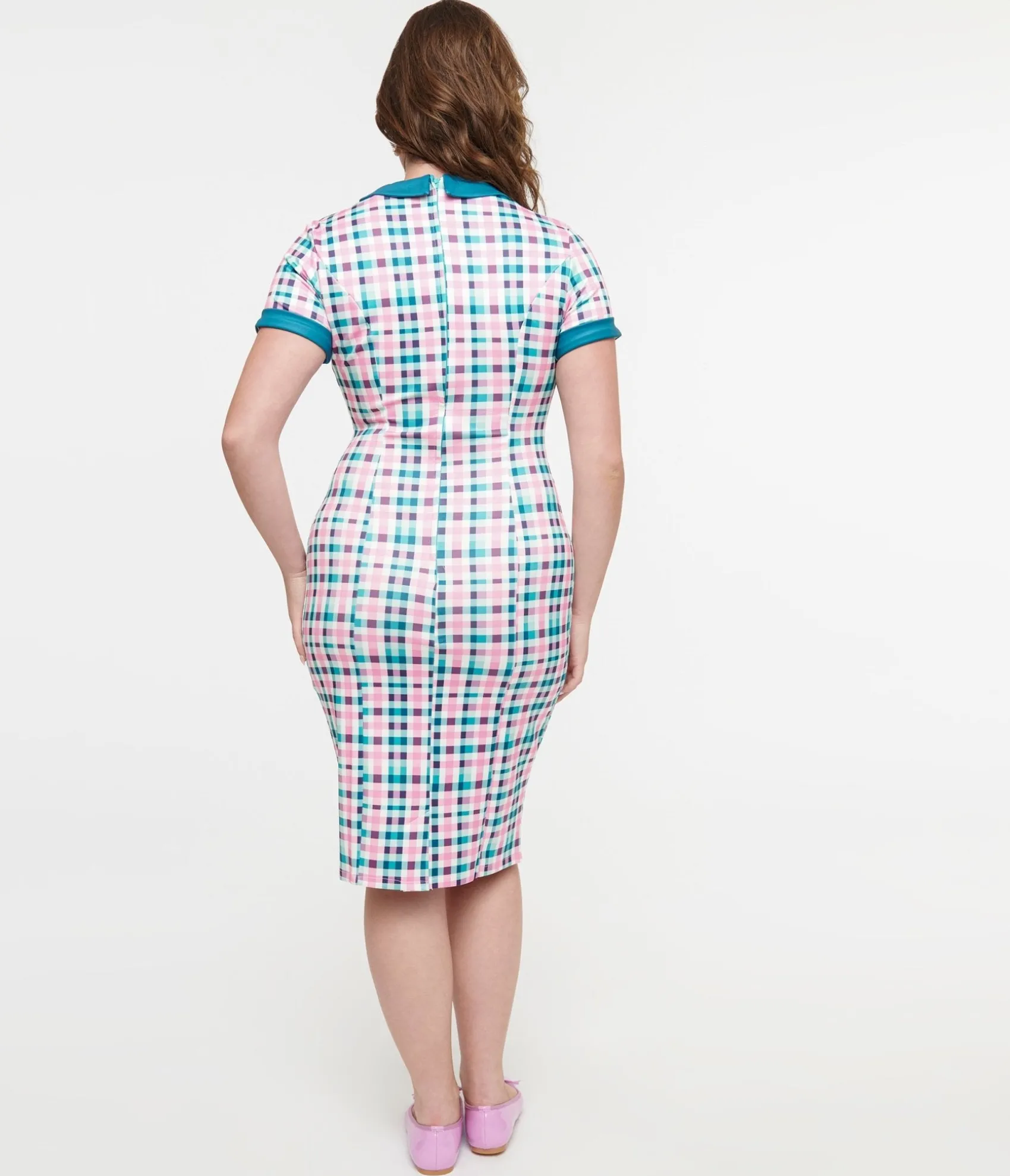 Unique Vintage Dolly & Dotty 1950s Pink & Teal Plaid Toni Pencil Dress Outlet