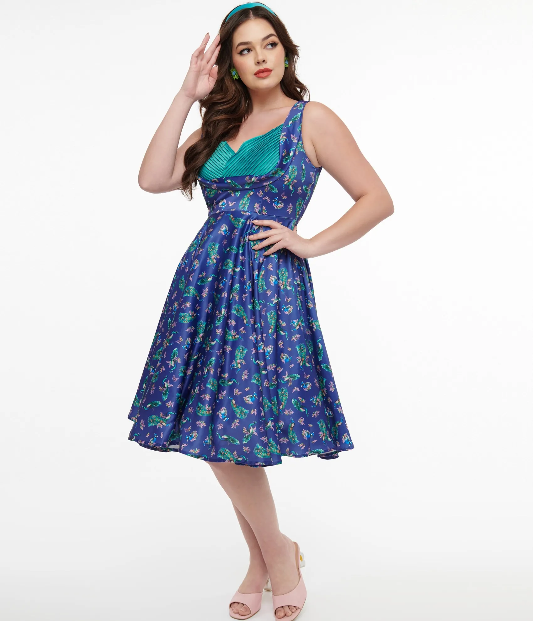 Unique Vintage Dolly & Dotty 1950s Purple & Teal Peacock Print Grace Swing Dress New