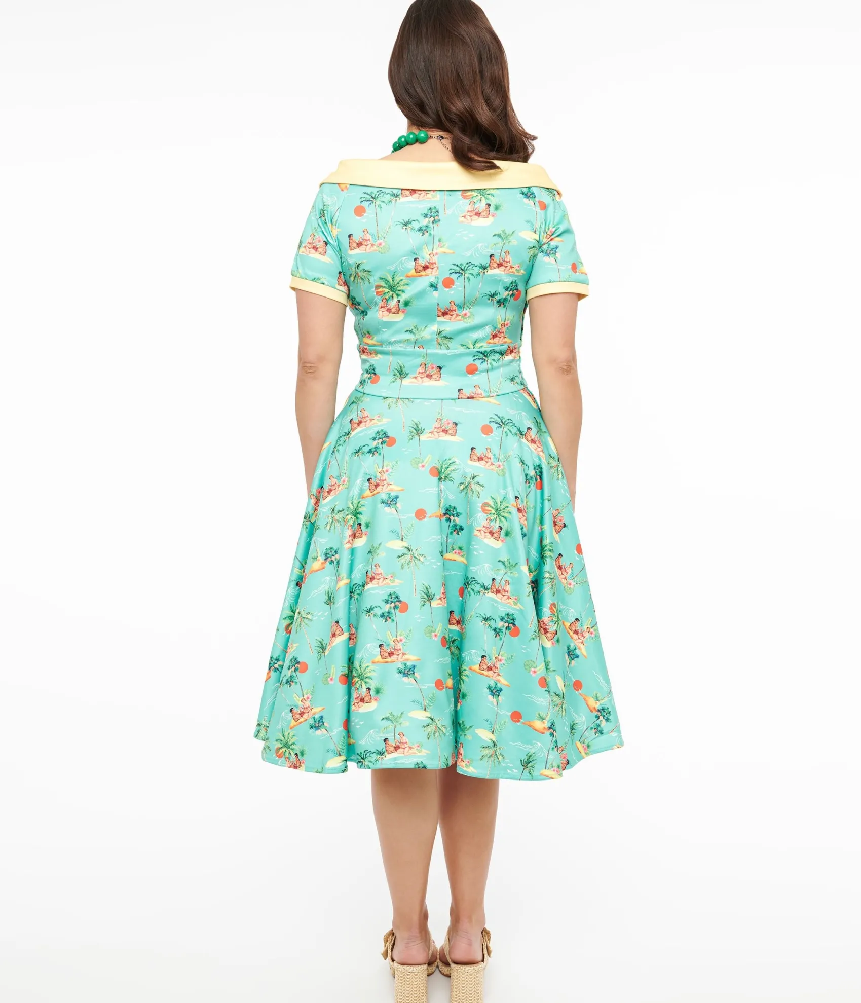 Unique Vintage Dolly & Dotty 1950s Sea Blue Island Pinup Couple Print Darlene Swing Dress Sale