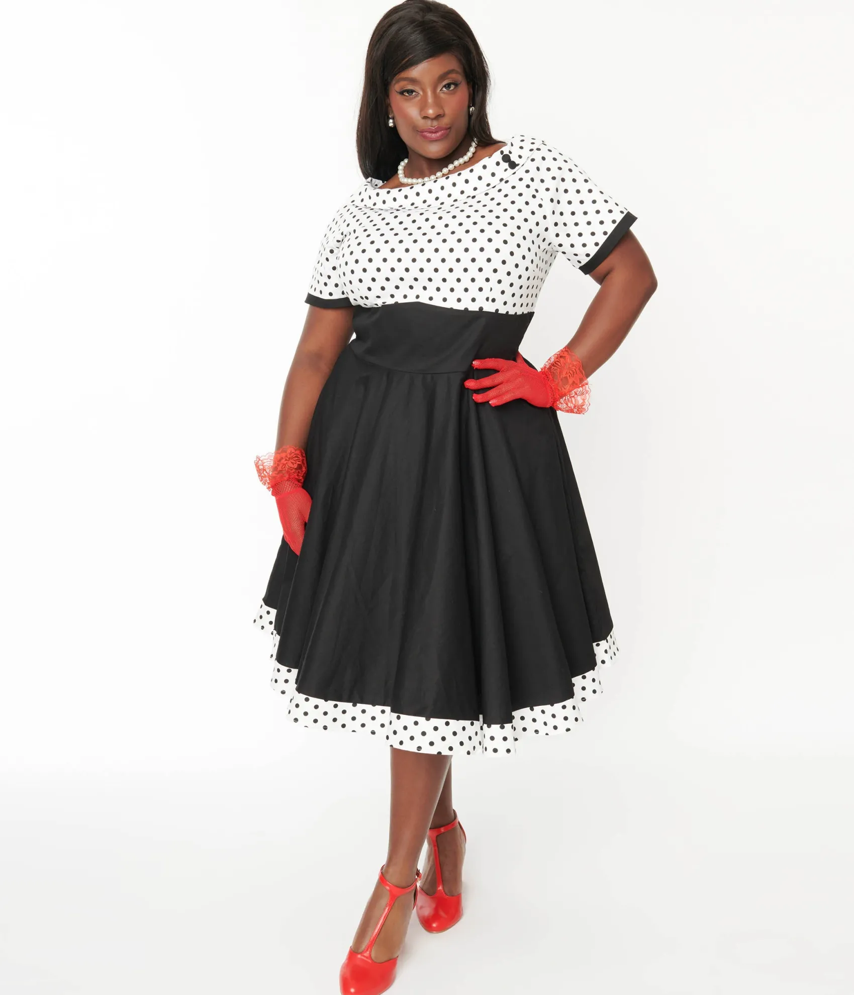 Unique Vintage Dolly & Dotty White & Black Polka Dot Retro Swing Dress Fashion