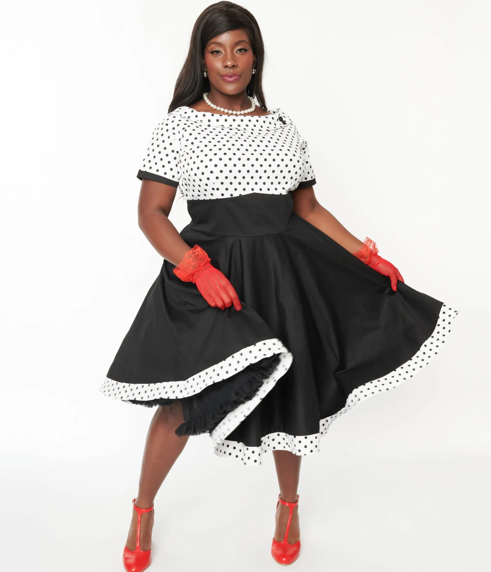 Unique Vintage Dolly & Dotty White & Black Polka Dot Retro Swing Dress Fashion
