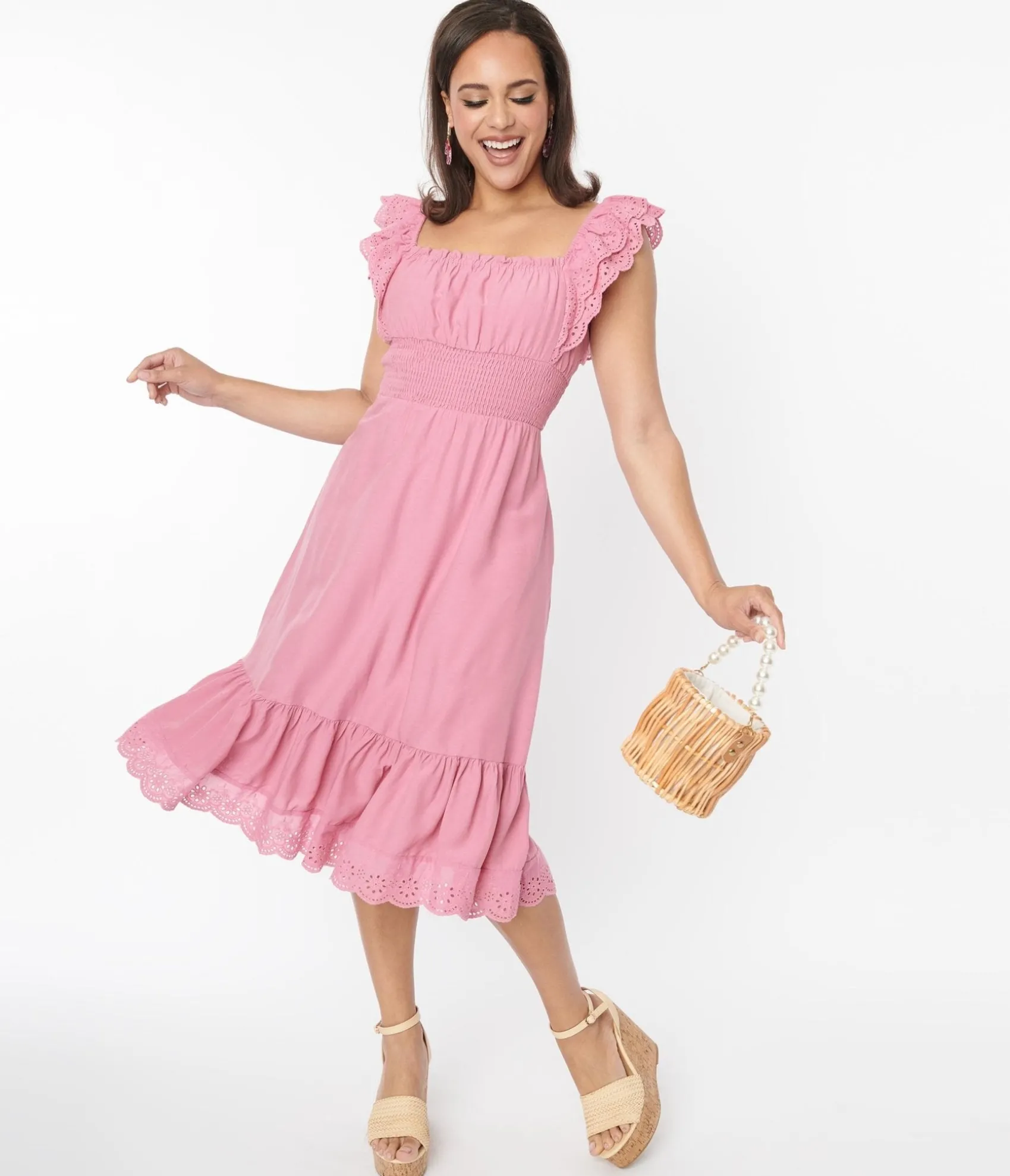 Unique Vintage Dusty Rose Eyelet Ruffle Trim Midi Dress Best