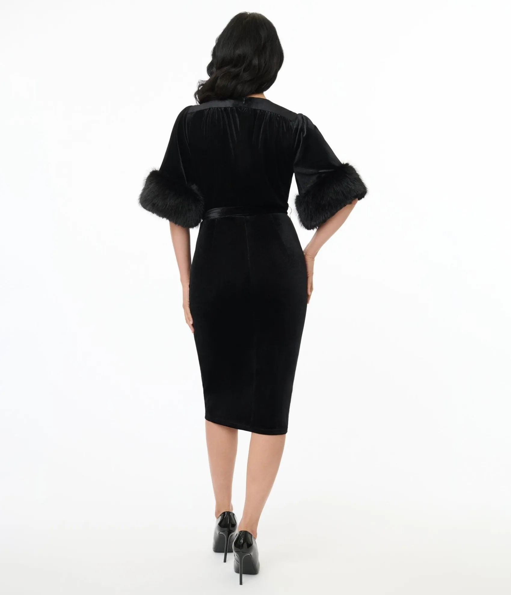 Unique Vintage Elle Rebel 1940s Black Velvet Fifth Avenue Wrap Pencil Dress Cheap