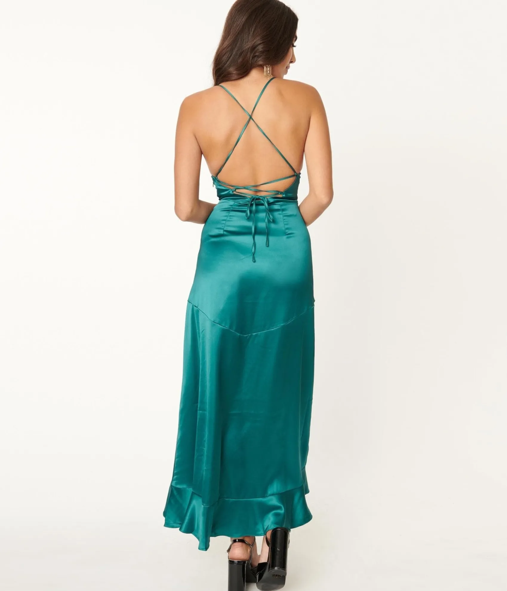 Unique Vintage Emerald Green Satin Ruffle Maxi Dress Discount