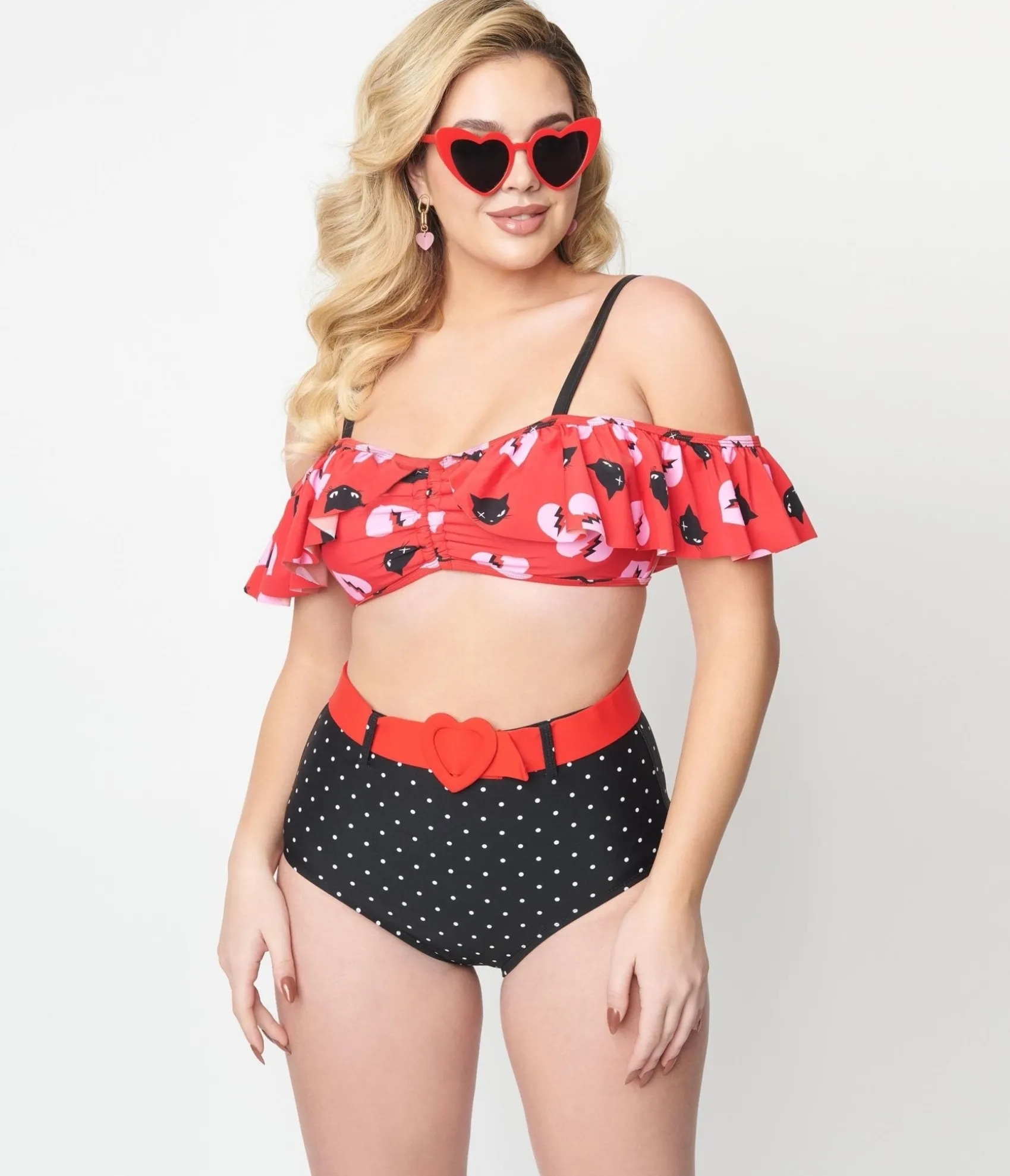 Unique Vintage Emily The Strange x Red & Black Cats Ruffle Swim Top Store