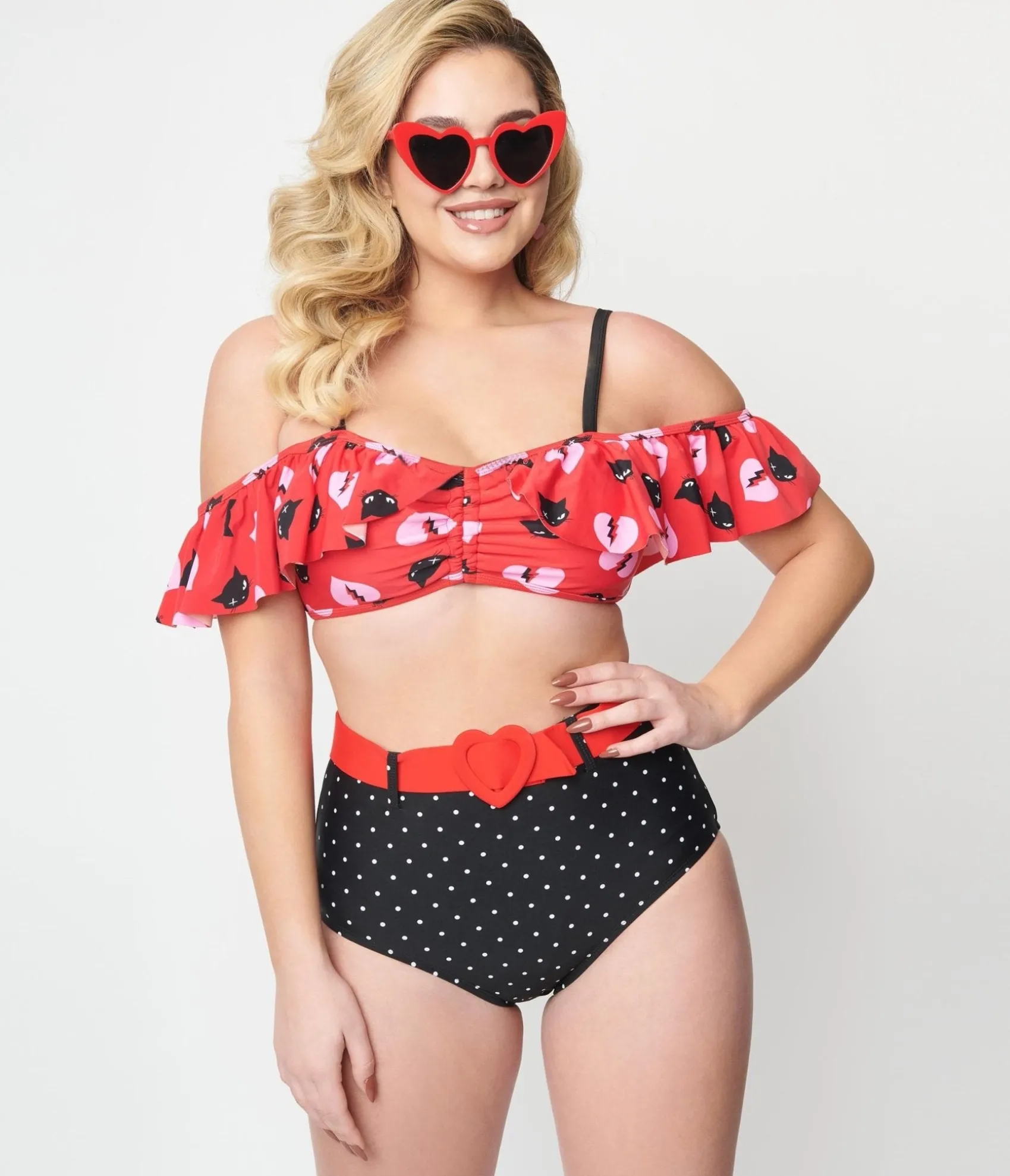 Unique Vintage Emily The Strange x Red & Black Cats Ruffle Swim Top Store