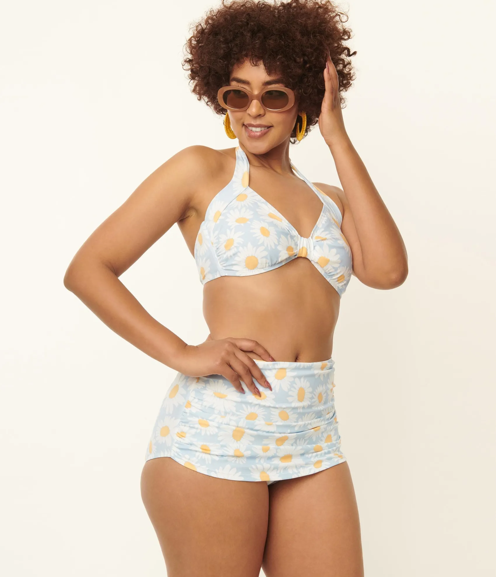 Unique Vintage Esther Williams 1950s Light Blue & White Daisy Print Bikini Set Outlet