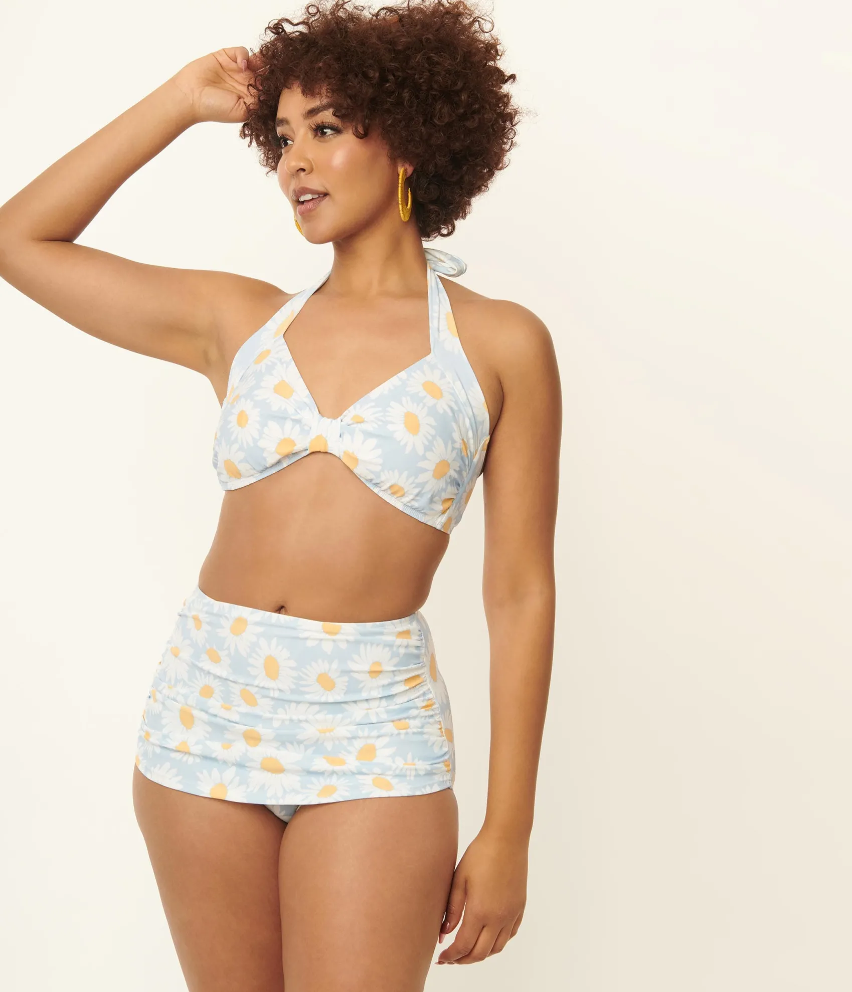 Unique Vintage Esther Williams 1950s Light Blue & White Daisy Print Bikini Set Outlet