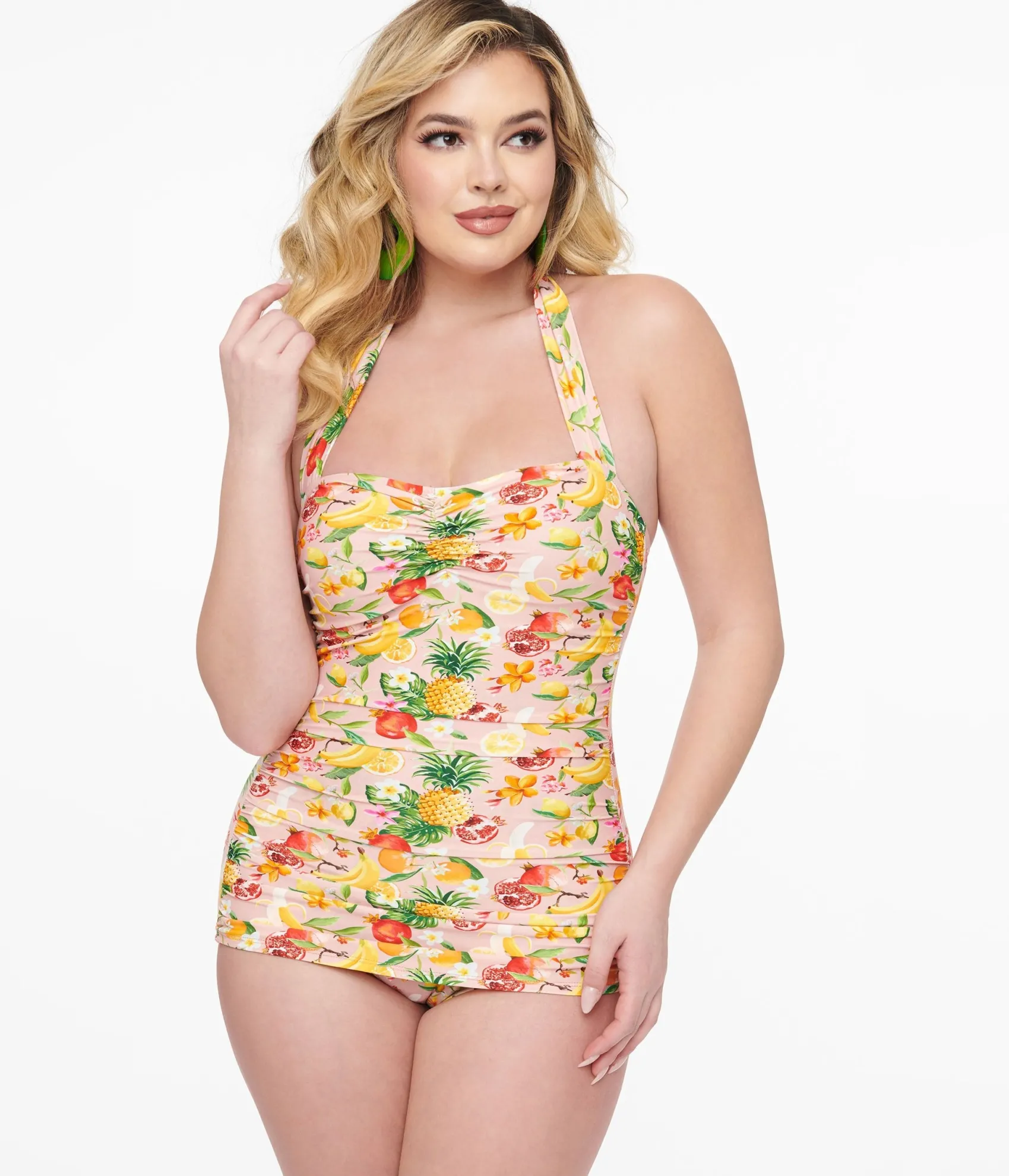 Unique Vintage Esther Williams 1950s Light Pink & Fruit Print One Piece Swimsuit Best