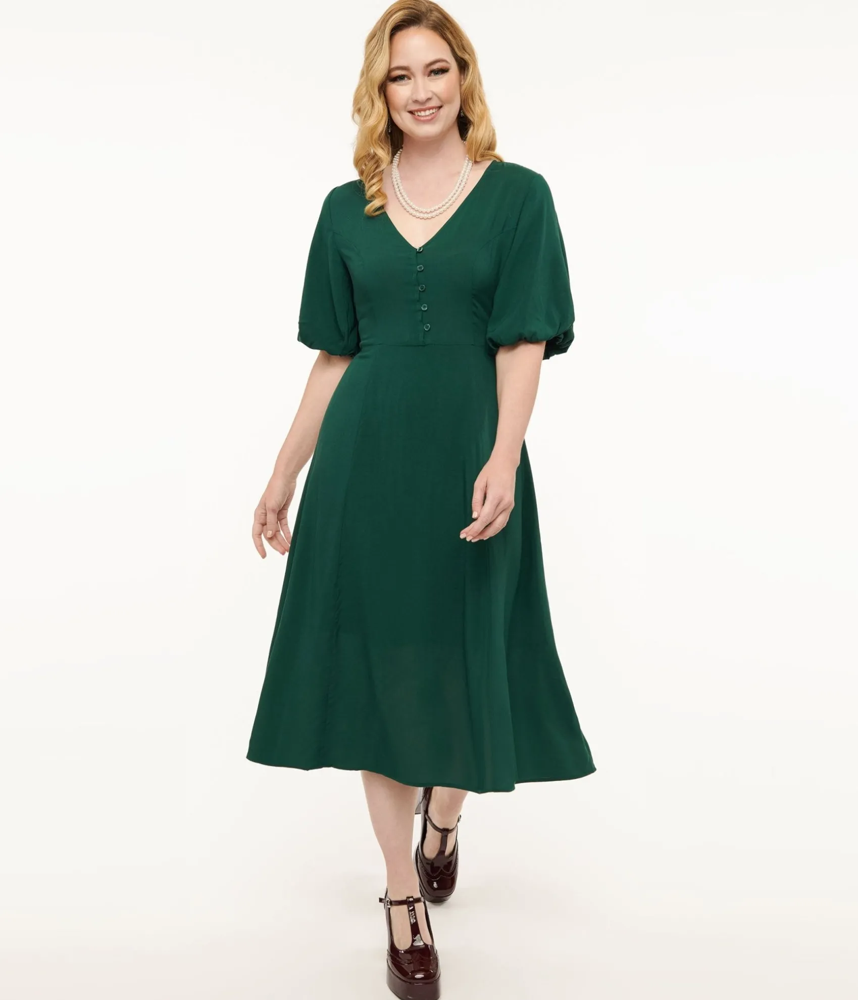 Unique Vintage Forest Green Midi Dress New
