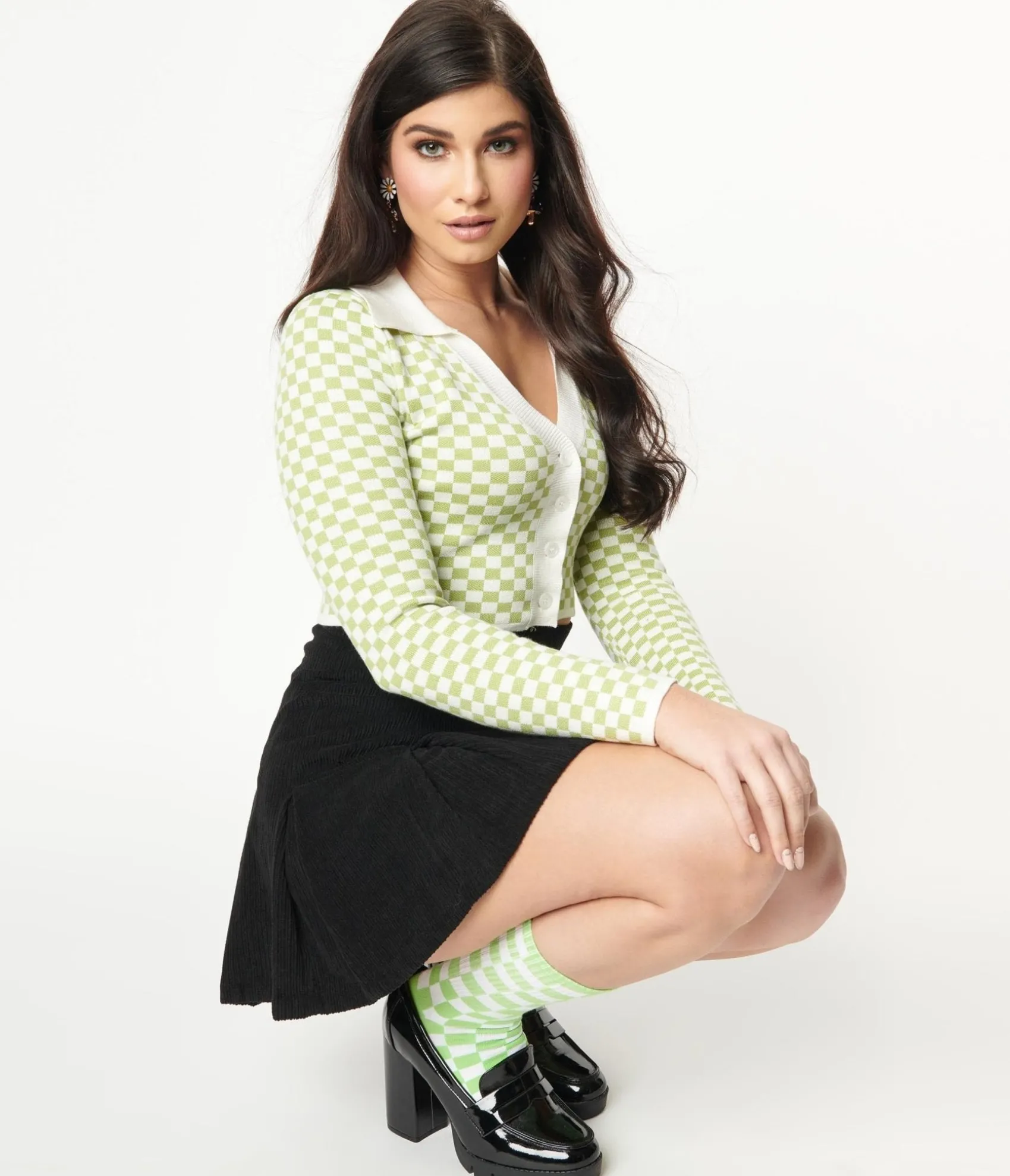 Unique Vintage Green & Ivory Check Crop Cardigan Discount