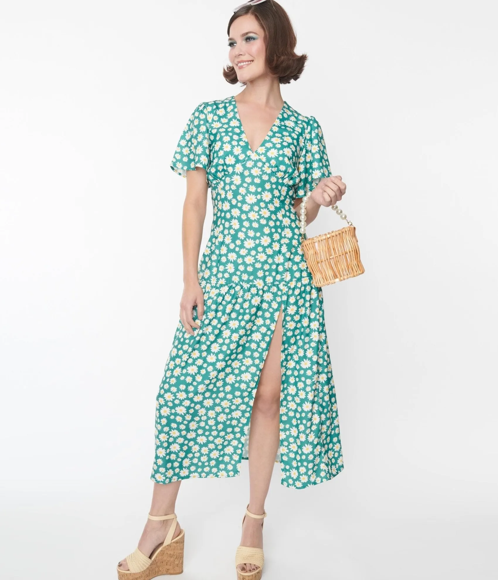 Unique Vintage Green & White Daisy Midi Dress Hot