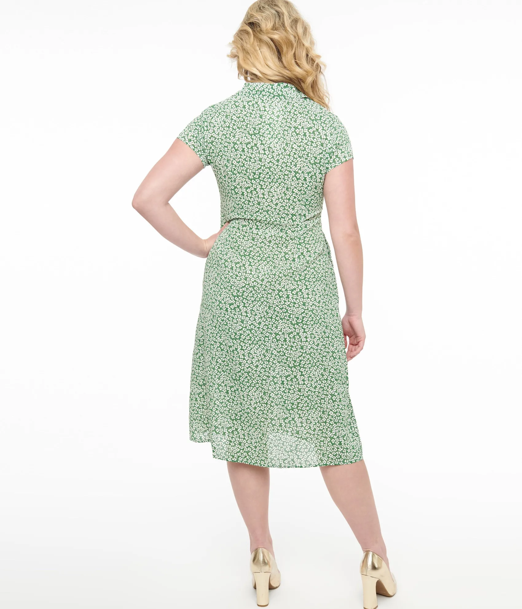 Unique Vintage Green & White Ditsy Floral Print Button Up Midi Dress Best Sale