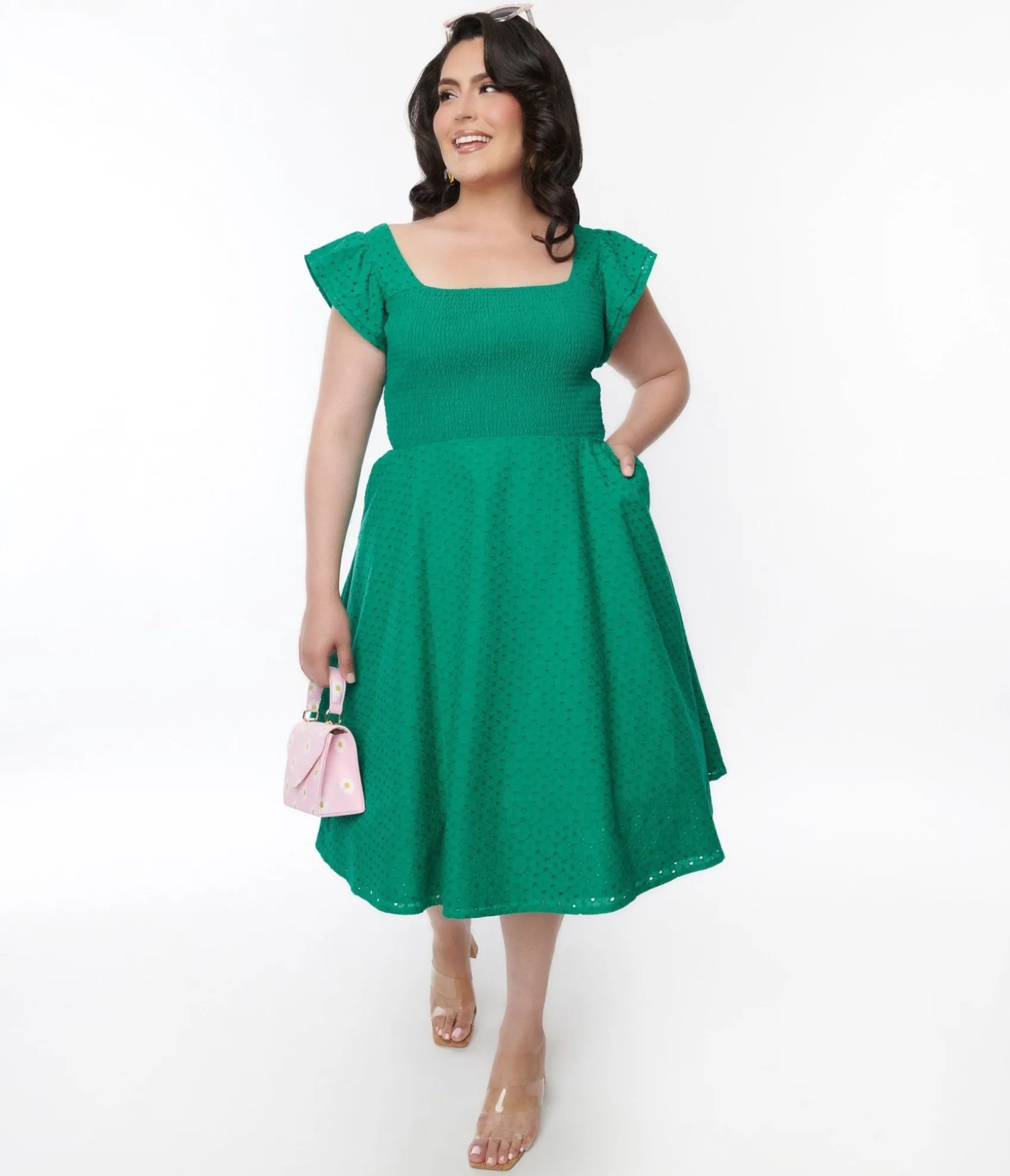 Unique Vintage Green Eyelet Ruffle Sleeve Swing Dress Cheap