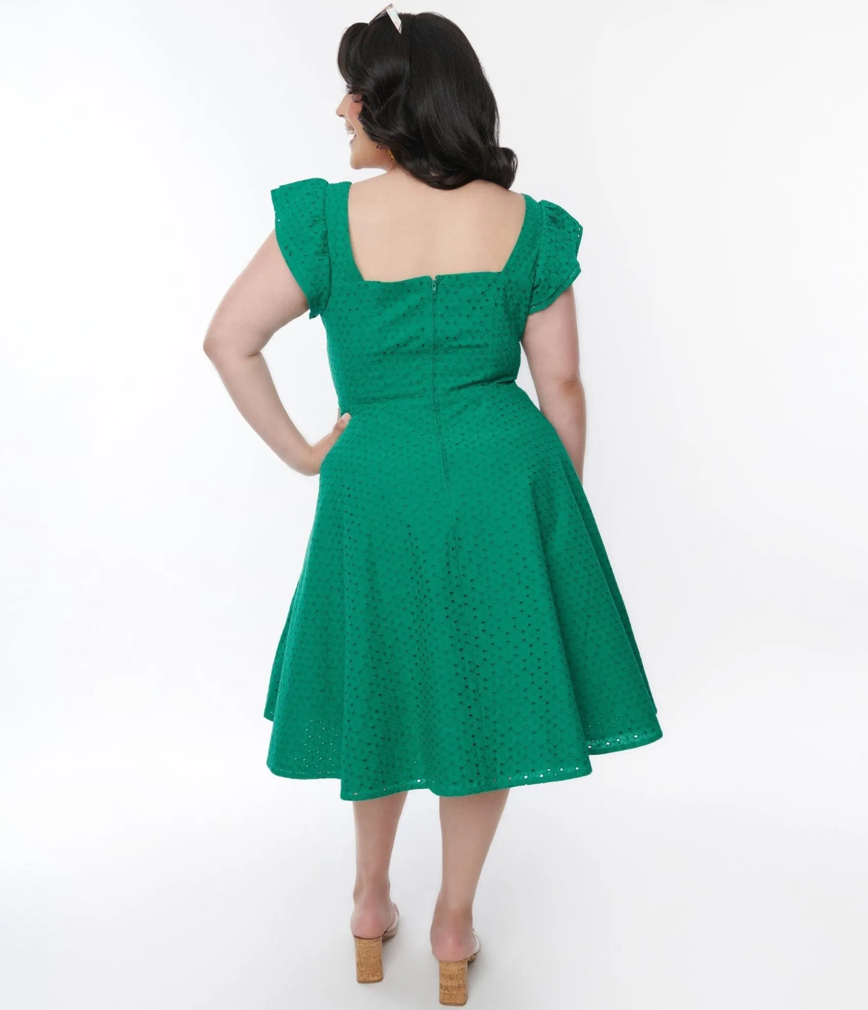 Unique Vintage Green Eyelet Ruffle Sleeve Swing Dress Cheap