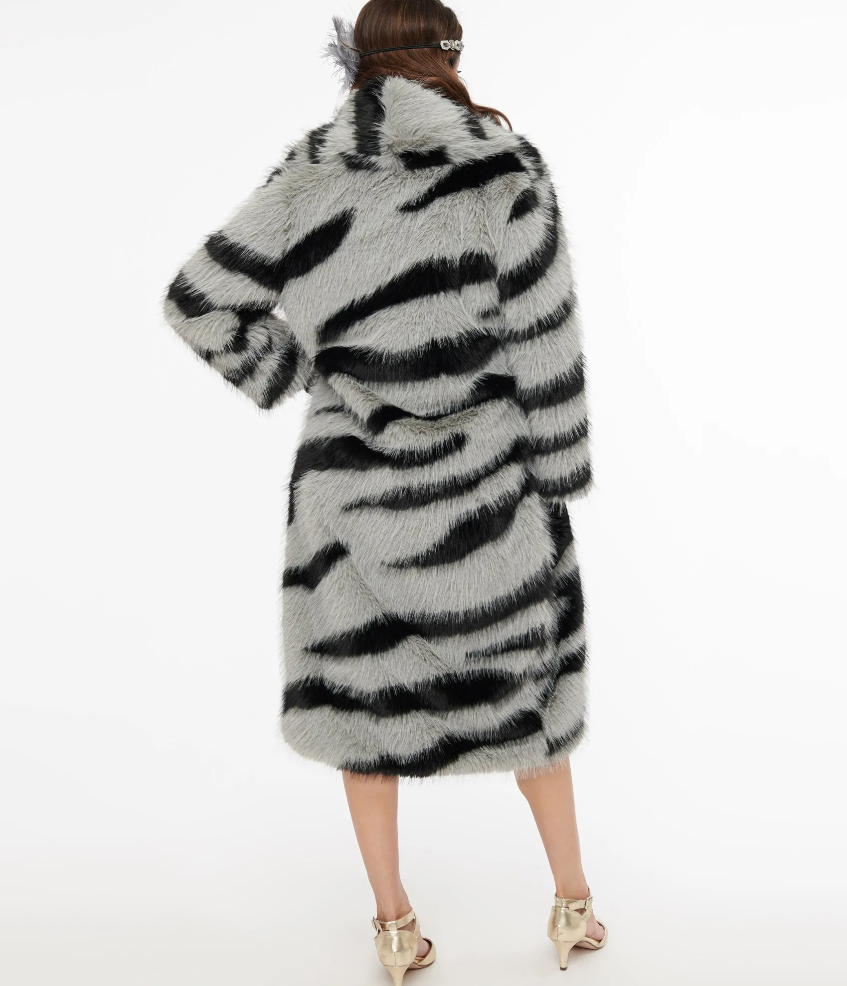 Unique Vintage Grey & Black Zebra Long Faux Fur Coat Sale