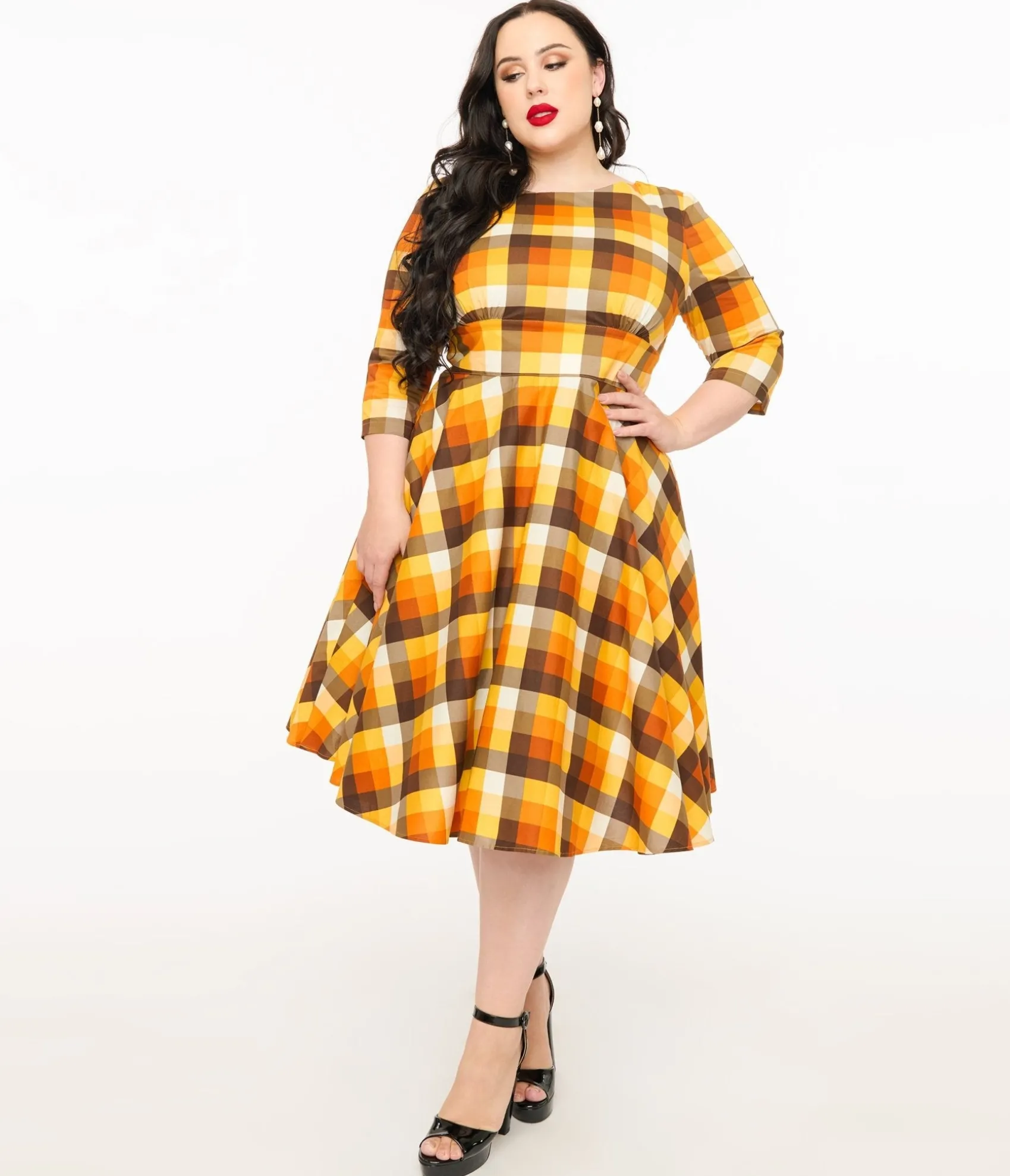 Unique Vintage Hell Bunny Plus Size 1950s Autumn Check Cotton Darlene Swing Dress Cheap