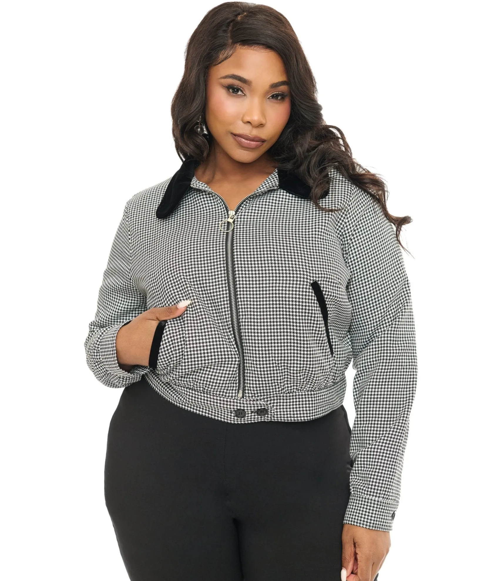Unique Vintage Hell Bunny Plus Size 1940s Black & White Houndstooth Teddy Jacket Outlet