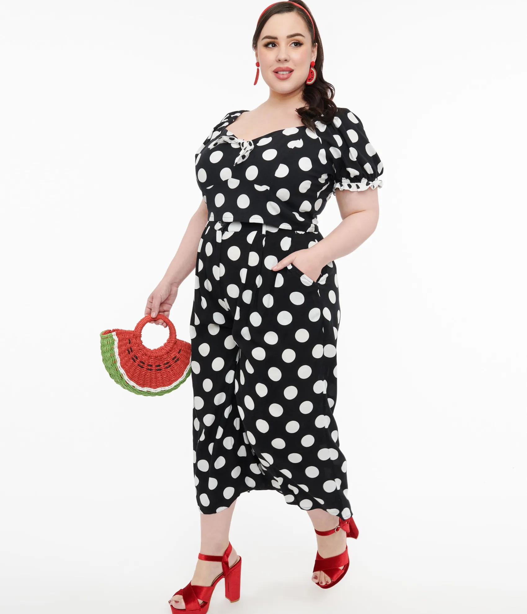 Unique Vintage Hell Bunny Plus Size 1960s Black & White Polka Dot Cropped Trousers Flash Sale