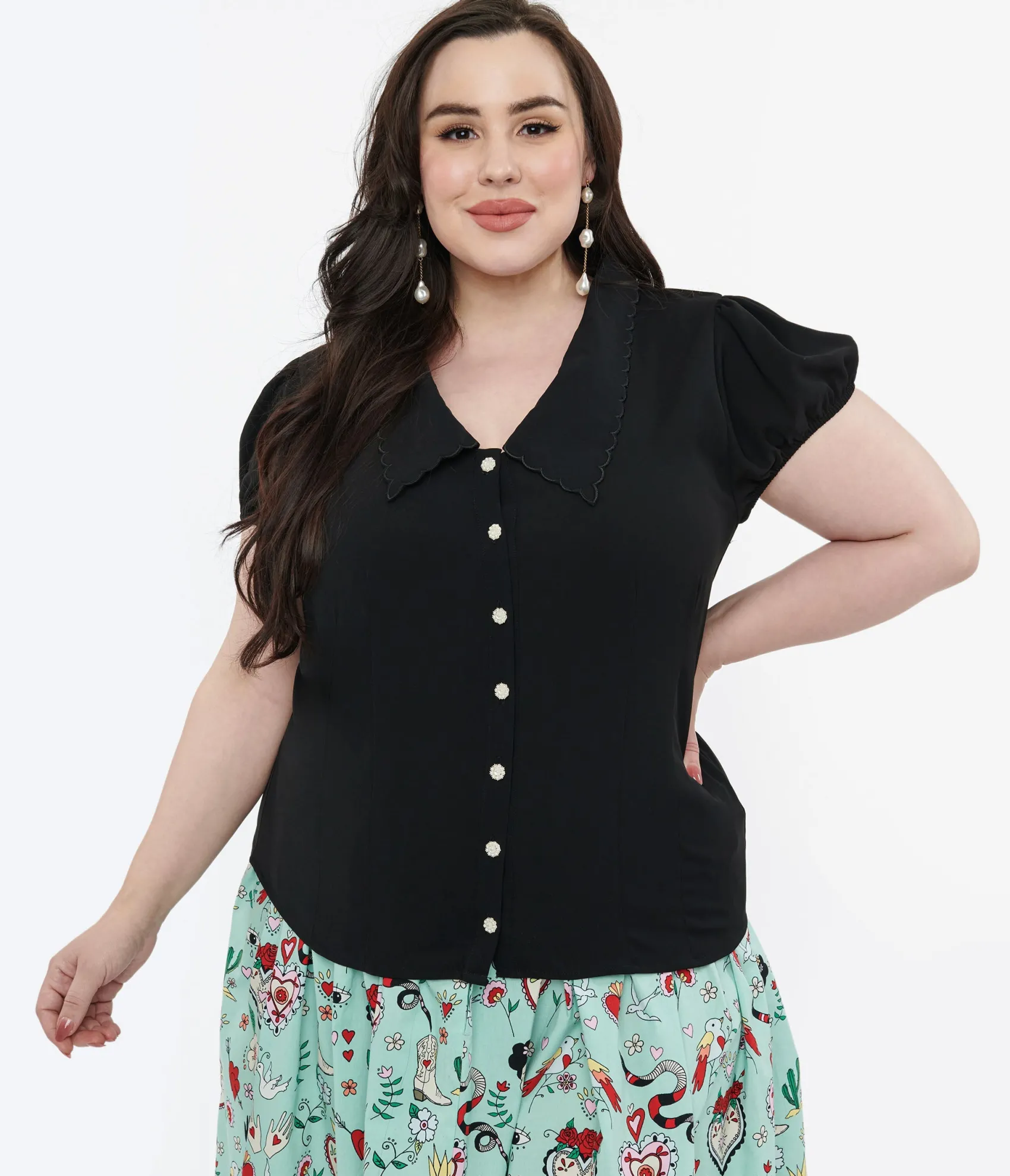 Unique Vintage Hell Bunny Plus Size 1950s Black Maddy Blouse Best