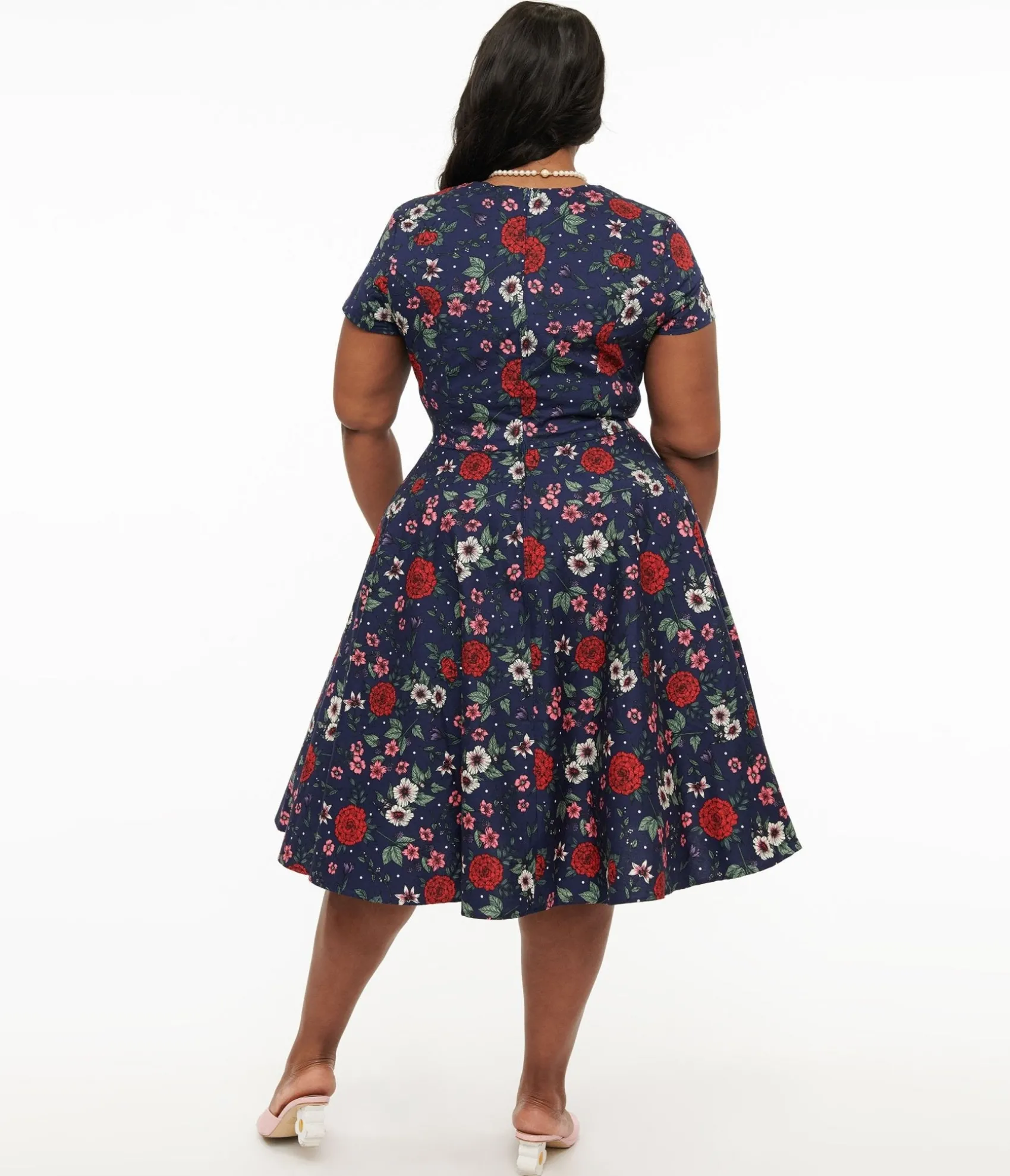 Unique Vintage Hell Bunny Plus Size 1950s Navy Blue & Red Floral Camellia Midi Dress Flash Sale