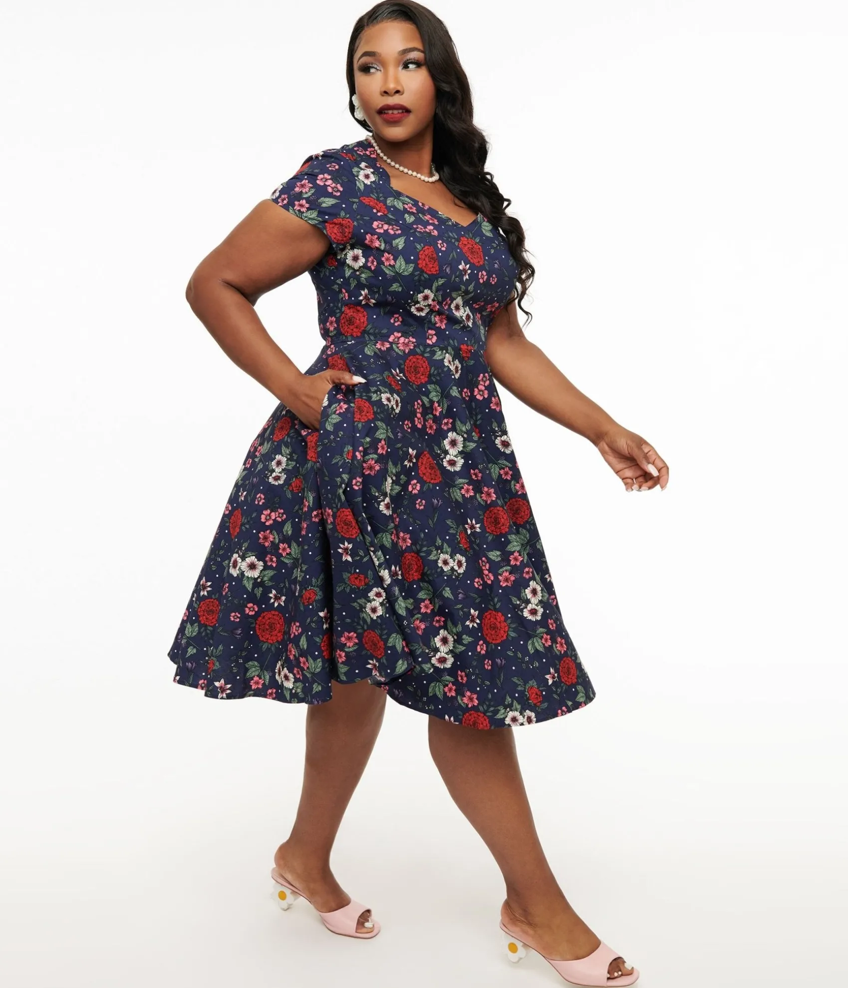 Unique Vintage Hell Bunny Plus Size 1950s Navy Blue & Red Floral Camellia Midi Dress Flash Sale