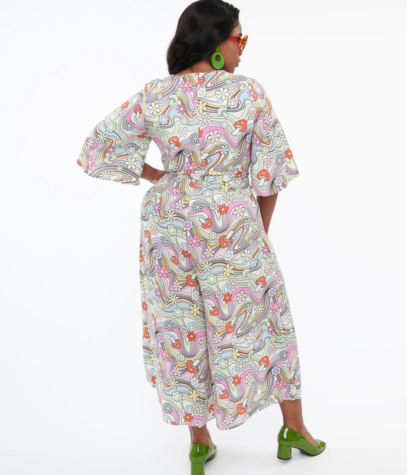 Unique Vintage Hell Bunny Plus Size 1960s Pastel Rainbow Hazy Daze Floral Jumpsuit Clearance