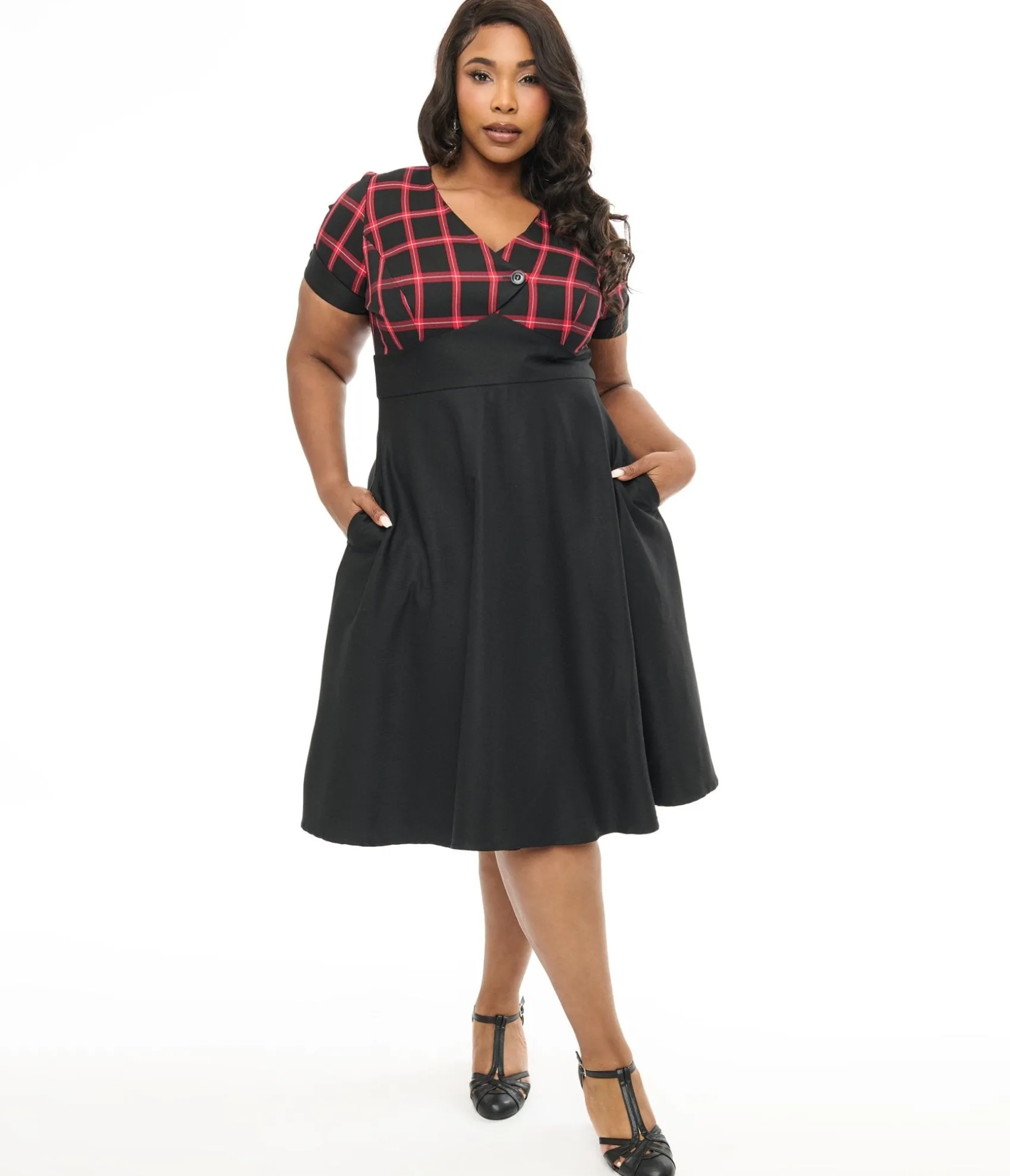 Unique Vintage Hell Bunny Plus Size 1950s Red & Black Tartan Janine Swing Dress Clearance