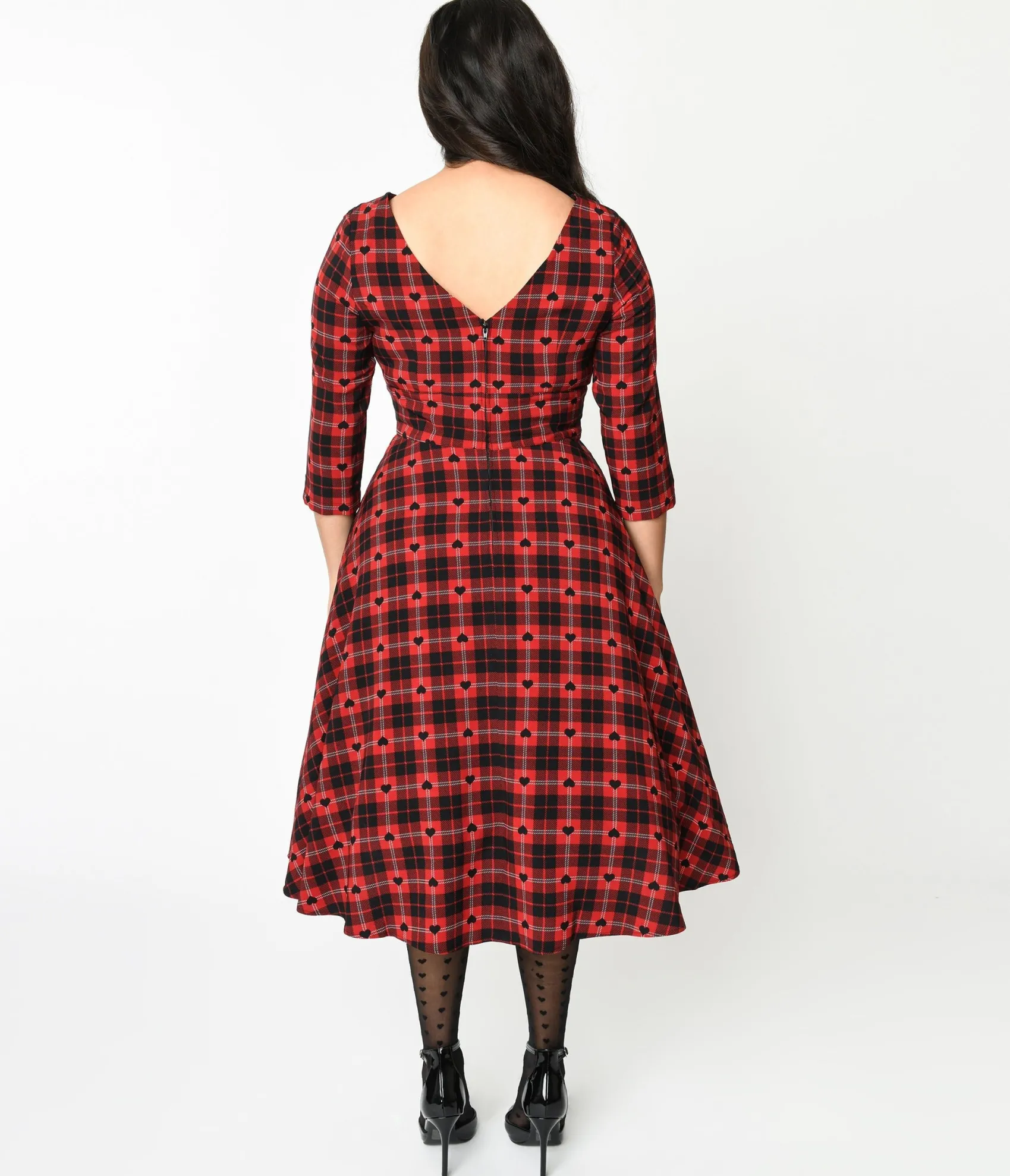 Unique Vintage Hell Bunny Red & Black Heart Plaid Date Night Swing Dress Store