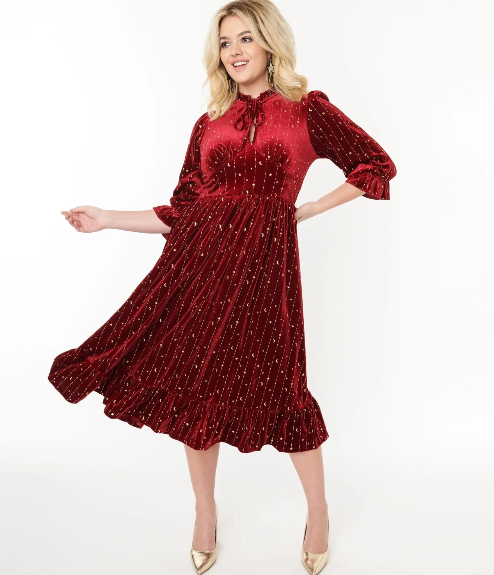 Unique Vintage Hell Bunny Red Velvet & Gold Star Midi Dress Sale