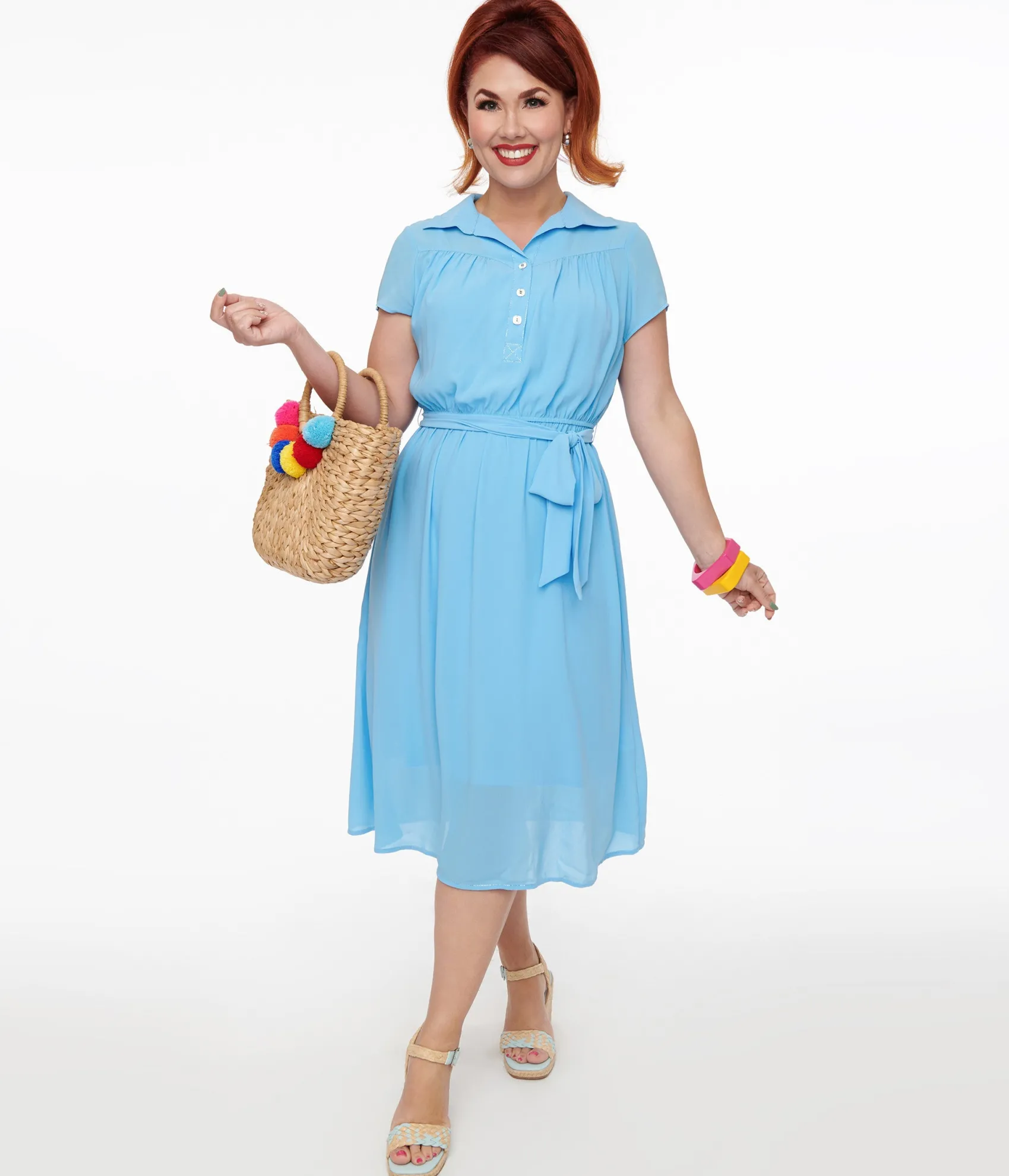 Unique Vintage Hell Bunny 1930s Baby Blue Chiffon Midi Pearl Dress Discount