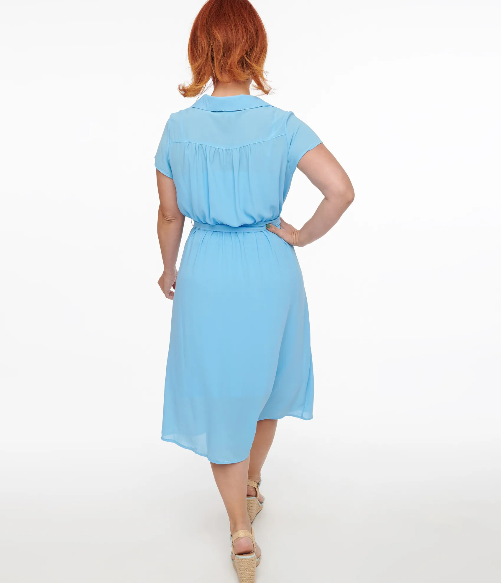 Unique Vintage Hell Bunny 1930s Baby Blue Chiffon Midi Pearl Dress Discount