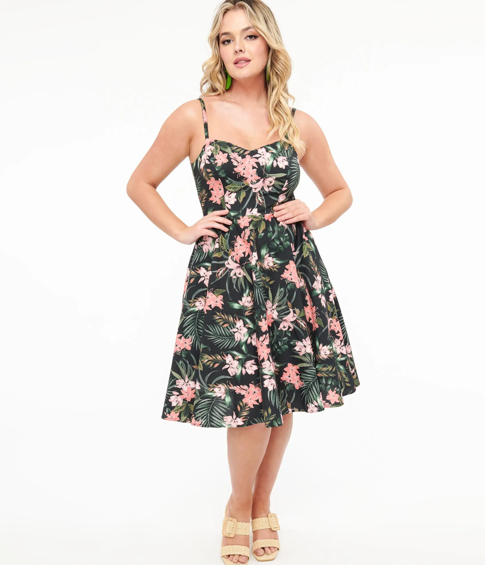 Unique Vintage Hell Bunny 1950s Black & Pink Tropical Floral Print Cotton Calypso Swing Dress Shop