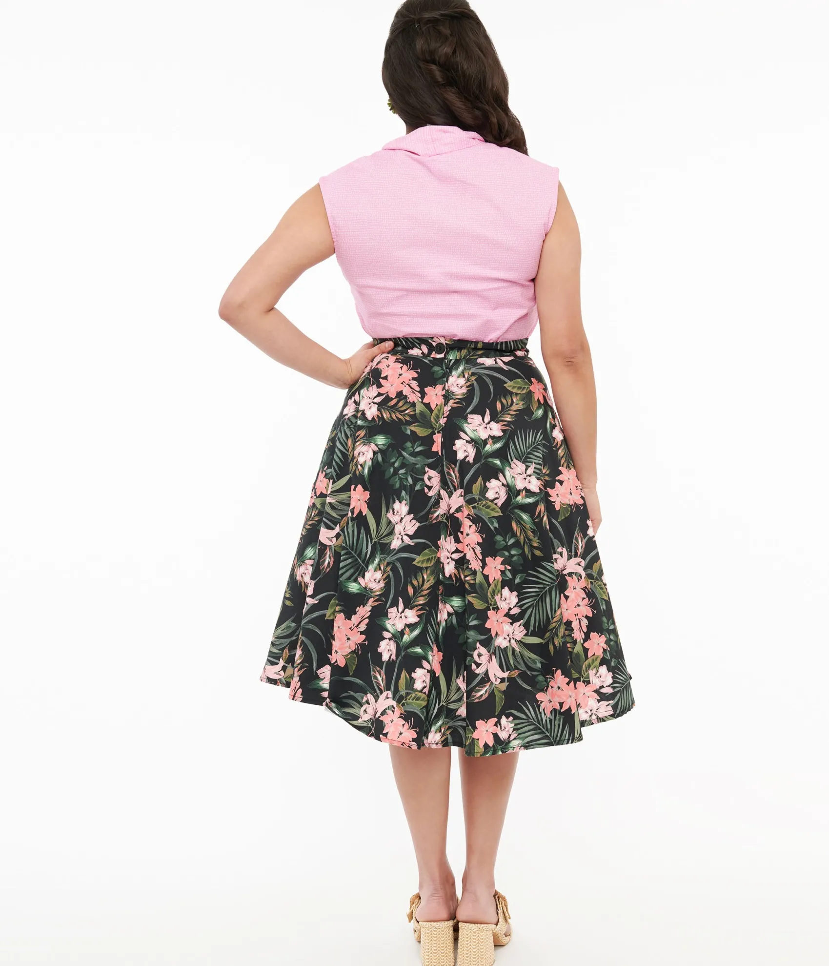 Unique Vintage Hell Bunny 1950s Black & Pink Tropical Floral Print Cotton Calypso Swing Skirt Flash Sale