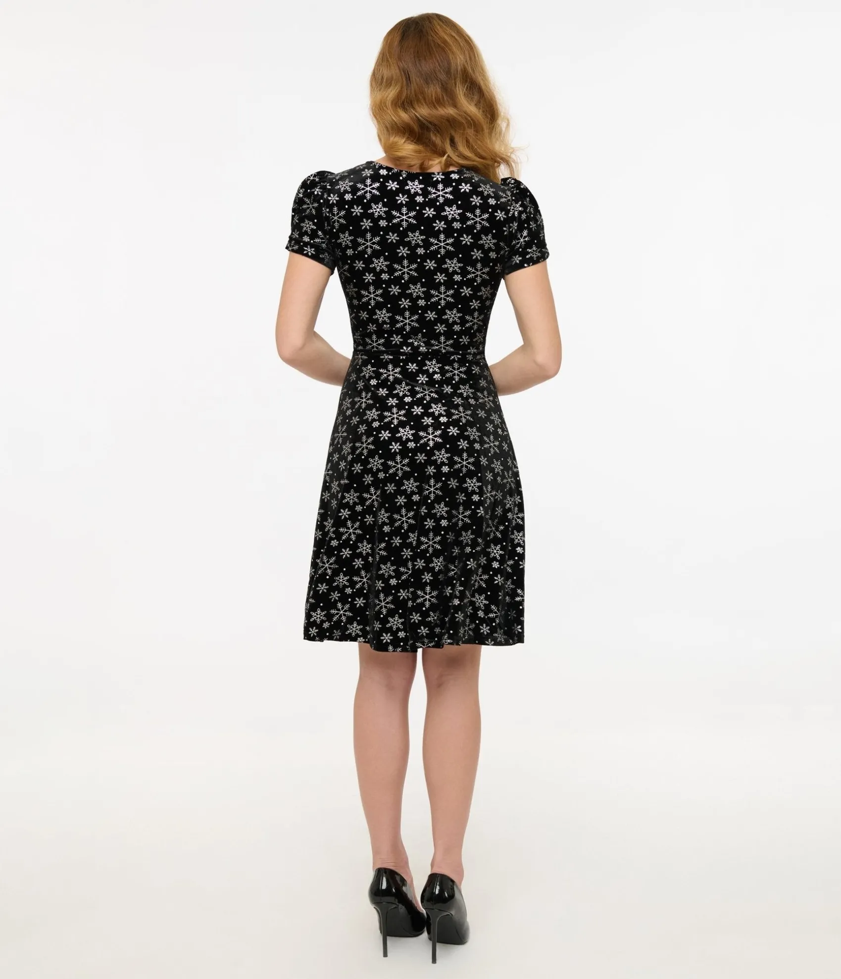 Unique Vintage Hell Bunny 1950s Black & Silver Metallic Snowflake Velvet Fit & Flare Dress Best Sale