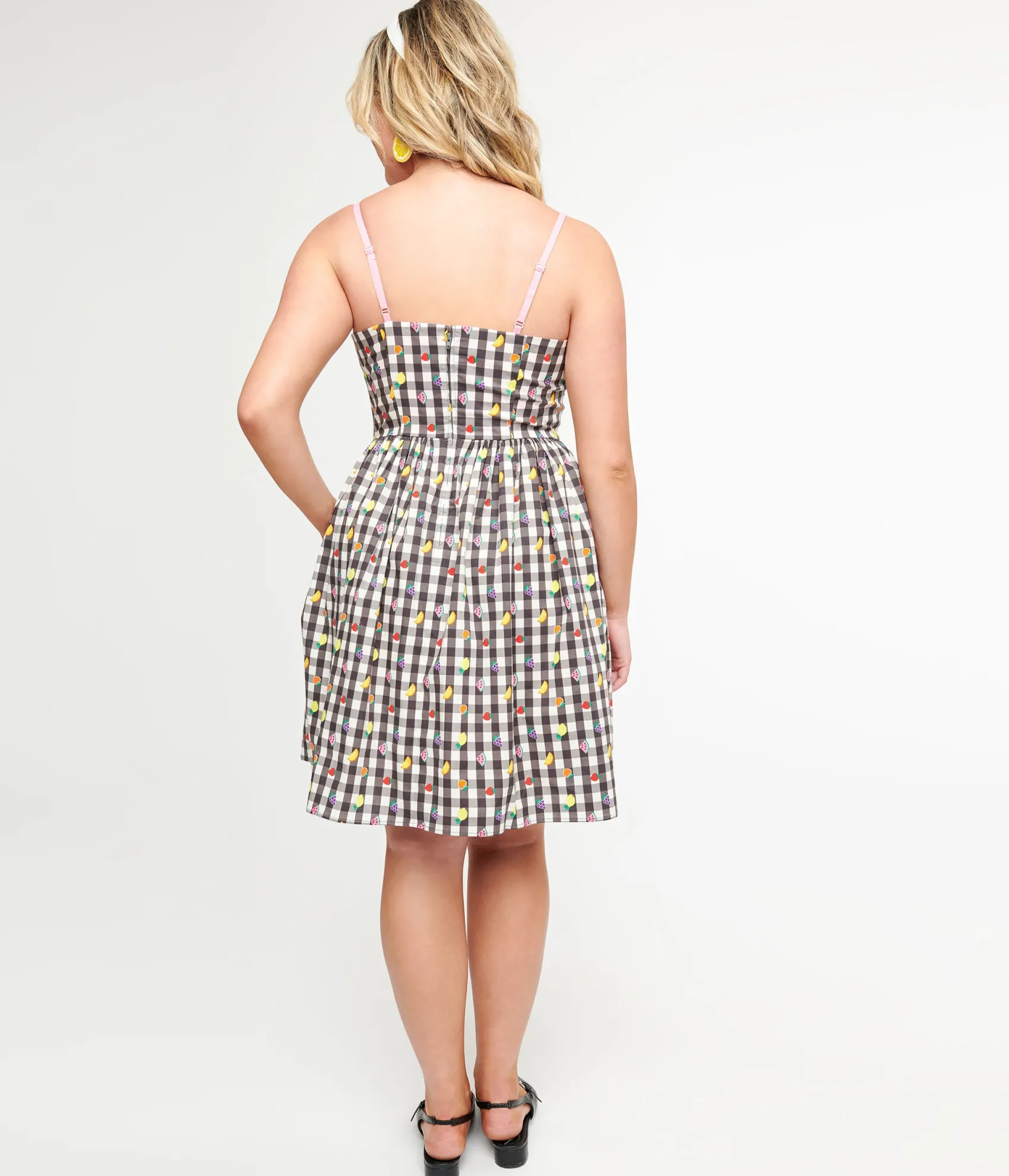 Unique Vintage Hell Bunny 1950s Black & White Gingham & Fruit Cotton Swing Dress Cheap