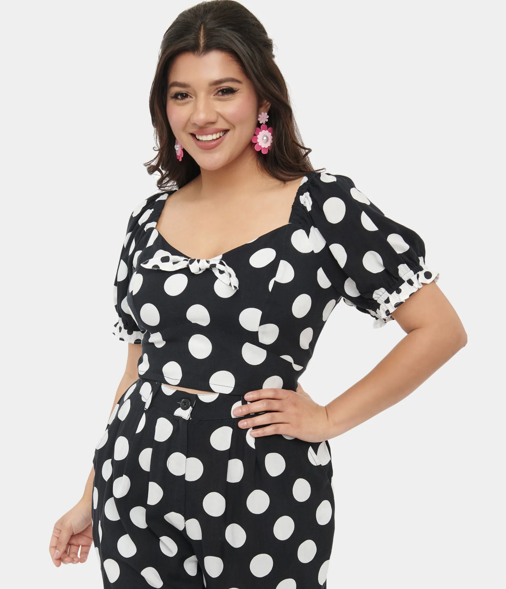 Unique Vintage Hell Bunny 1960s Black & White Polka Dot Dolores Crop Top Clearance